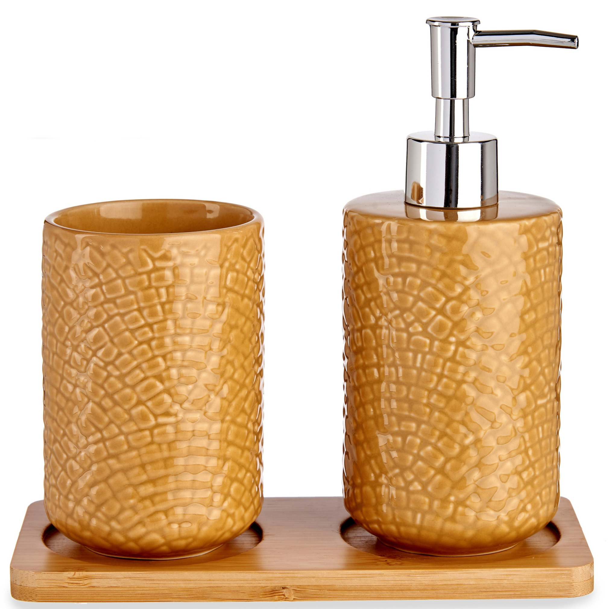 Badkamer accessoires set 3-delig camel bruin relief van keramiek -