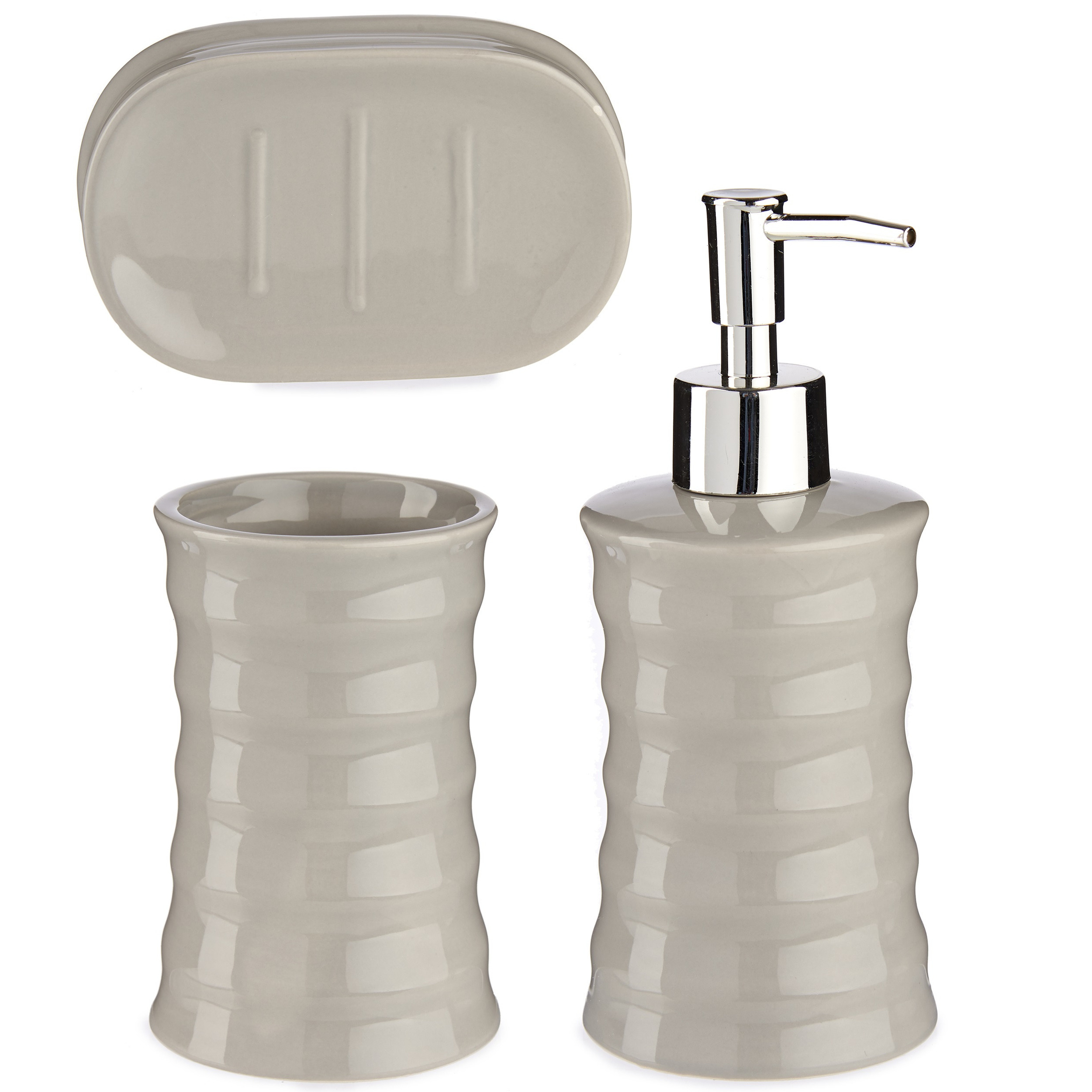 Badkamer accessoires set met strepen 3-delig kiezelgrijs van keramiek -
