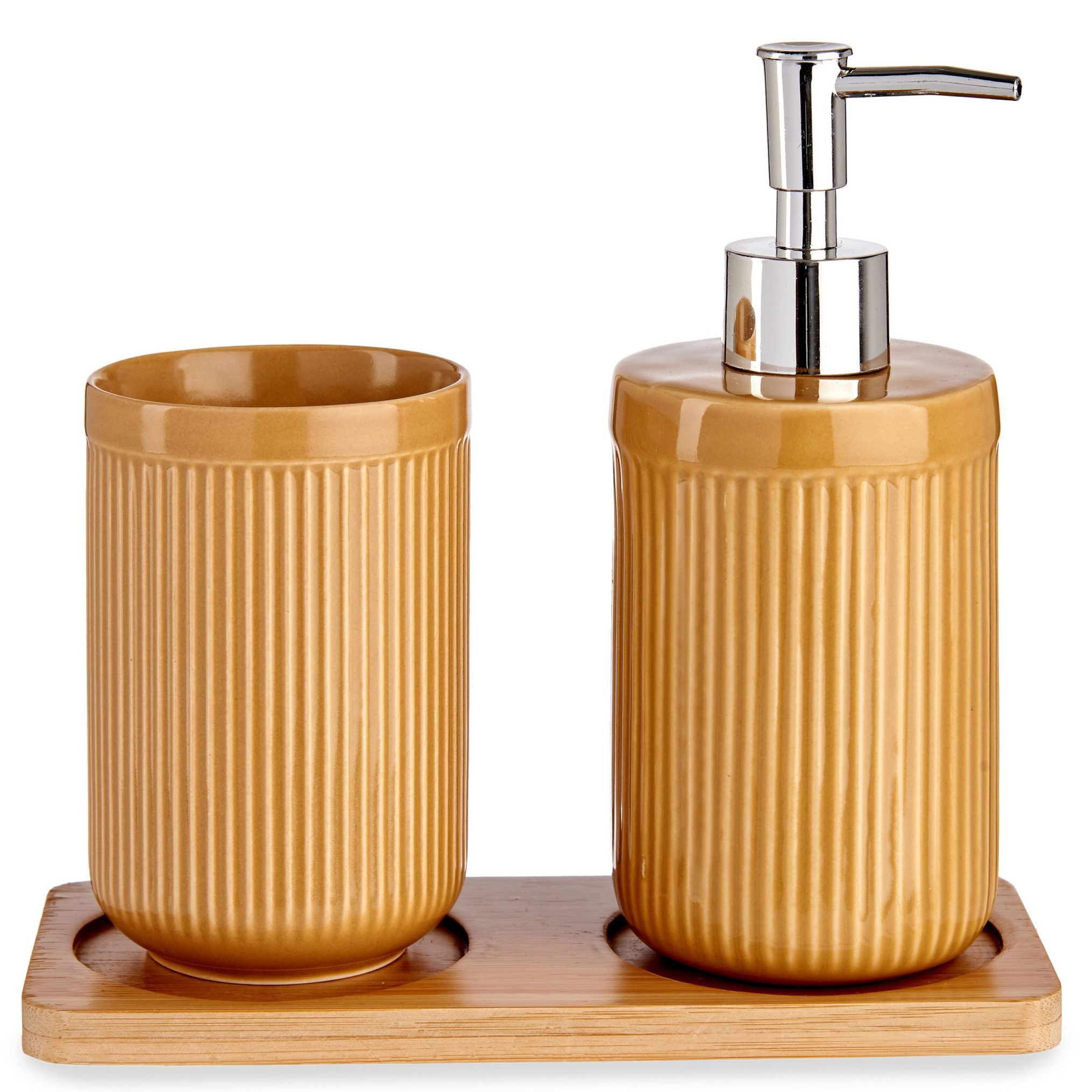 Badkamer accessoires set 3-delig camel bruin gestreept van keramiek -