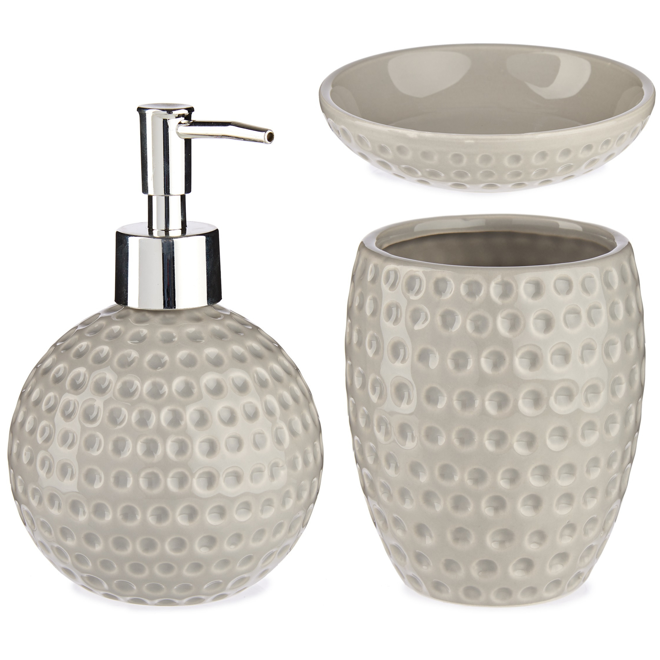 Badkamer accessoires set met stippen 3-delig kiezelgrijs van keramiek -