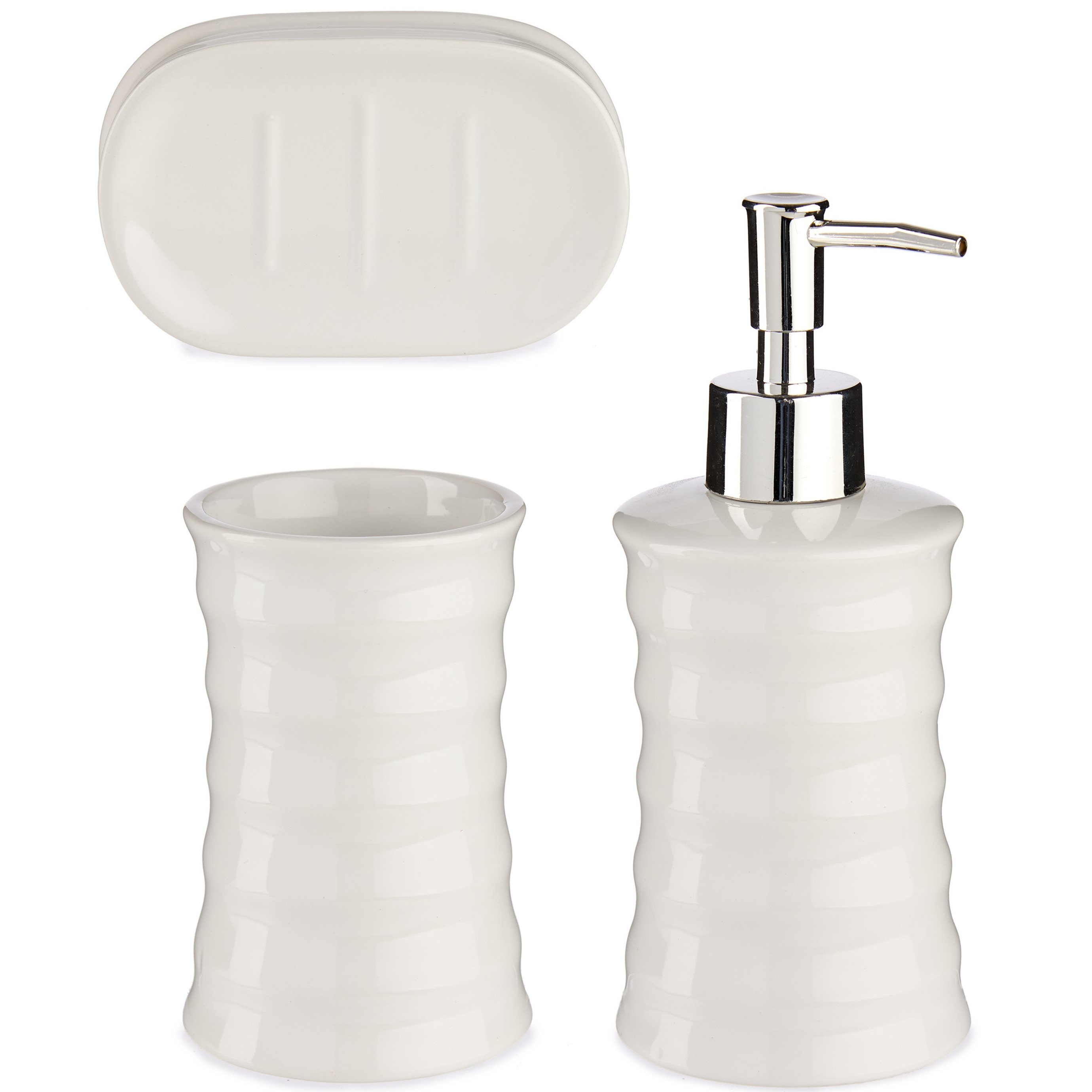 Badkamer accessoires set met strepen 3-delig creme wit van keramiek -