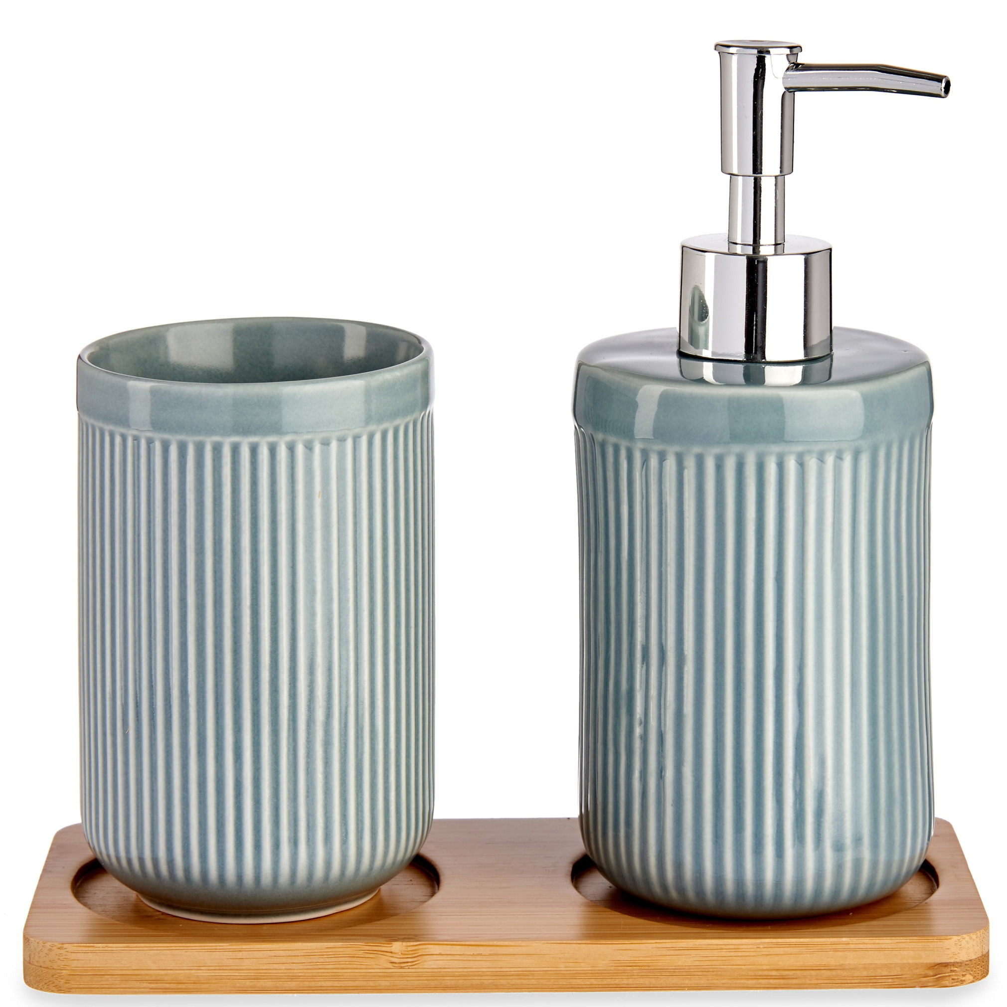 Badkamer accessoires set 3-delig grijsblauw gestreept van keramiek -