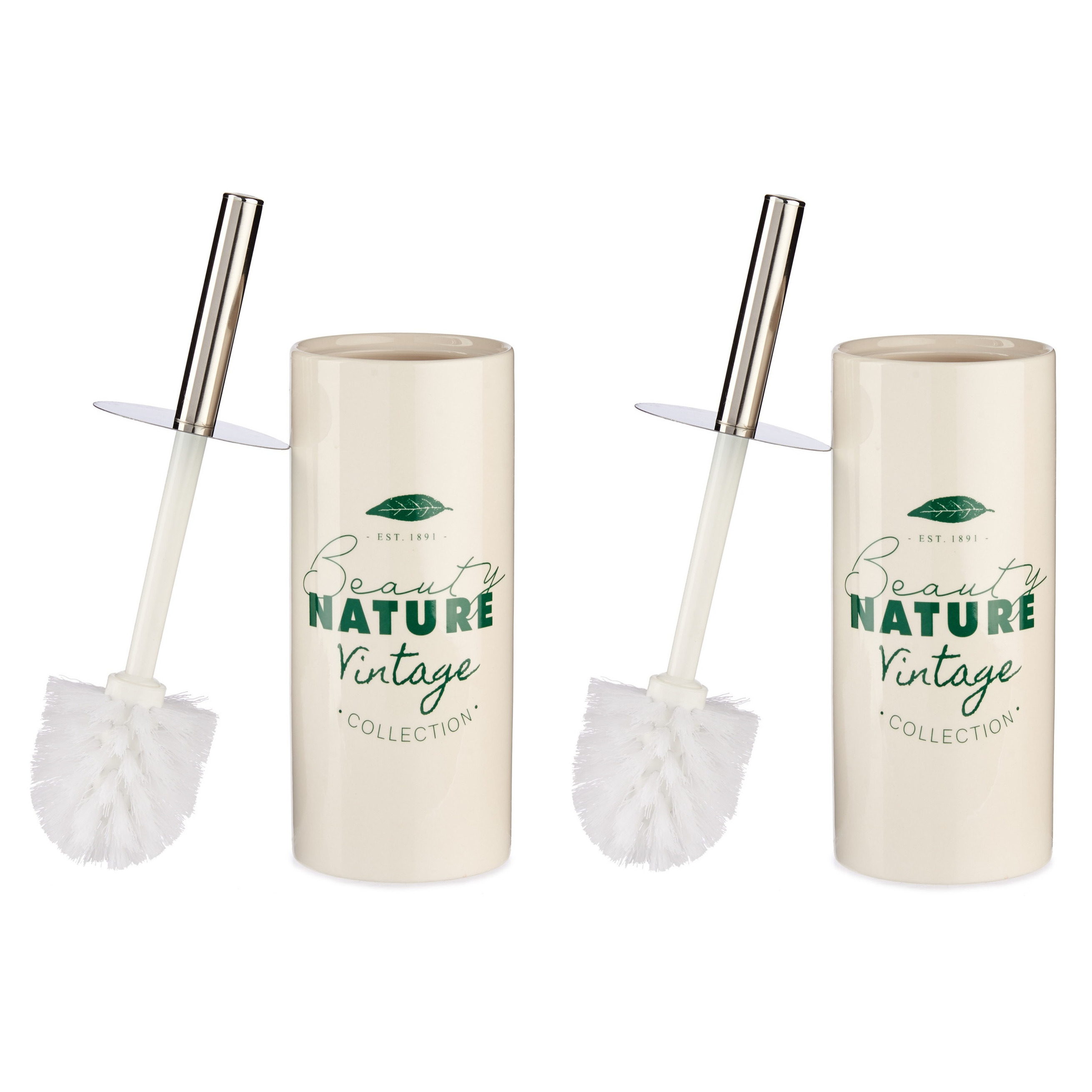 Set van 2x stuks toiletborstel/wc-borstel gebroken wit met tekst keramiek 31 cm -