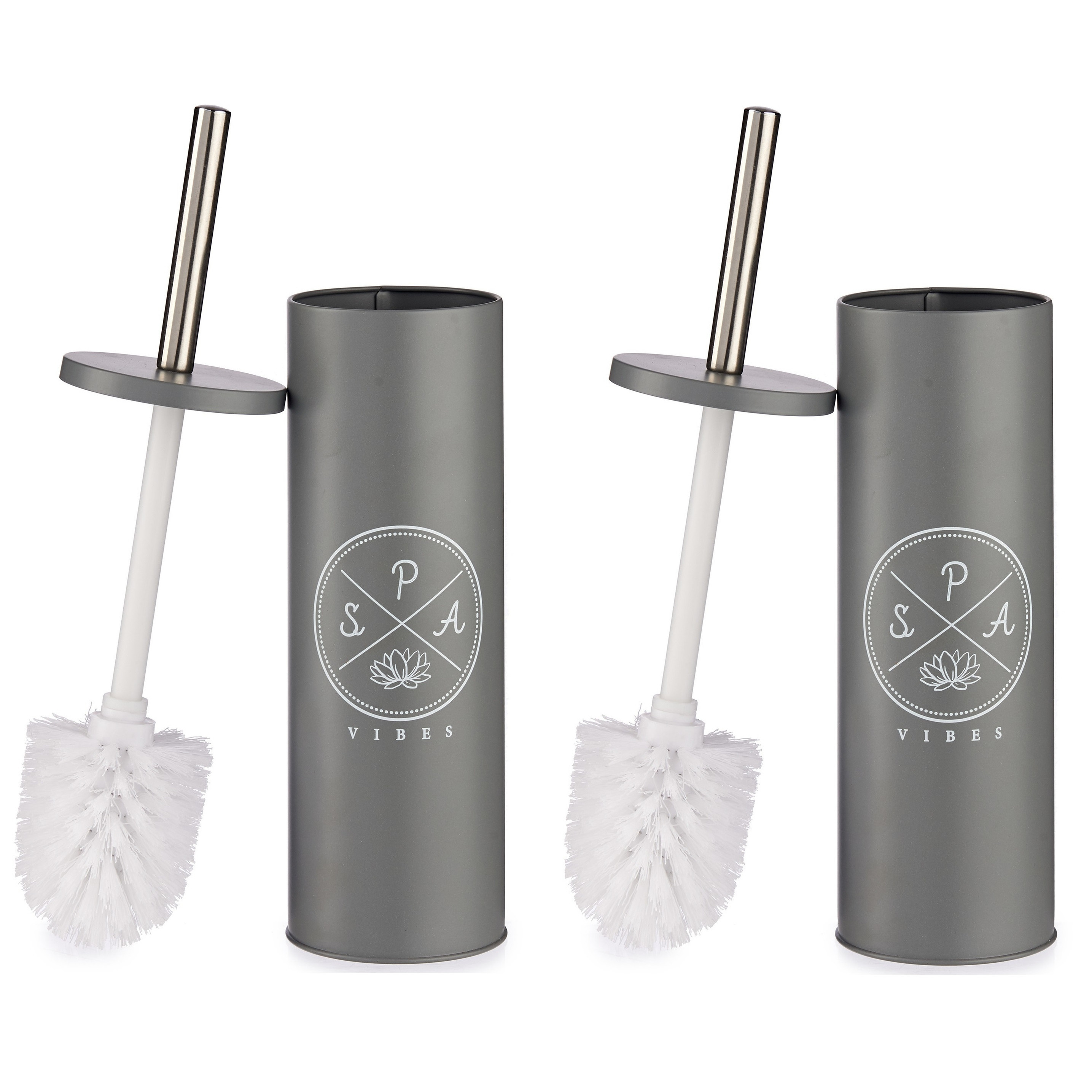 Set van 2x stuks toiletborstel/wc-borstel donker grijs met tekst aluminium 37 cm -