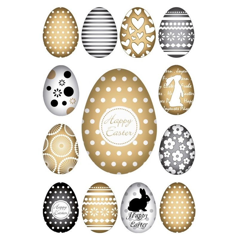 78x Goud/zwarte paaseieren stickers met deco print -