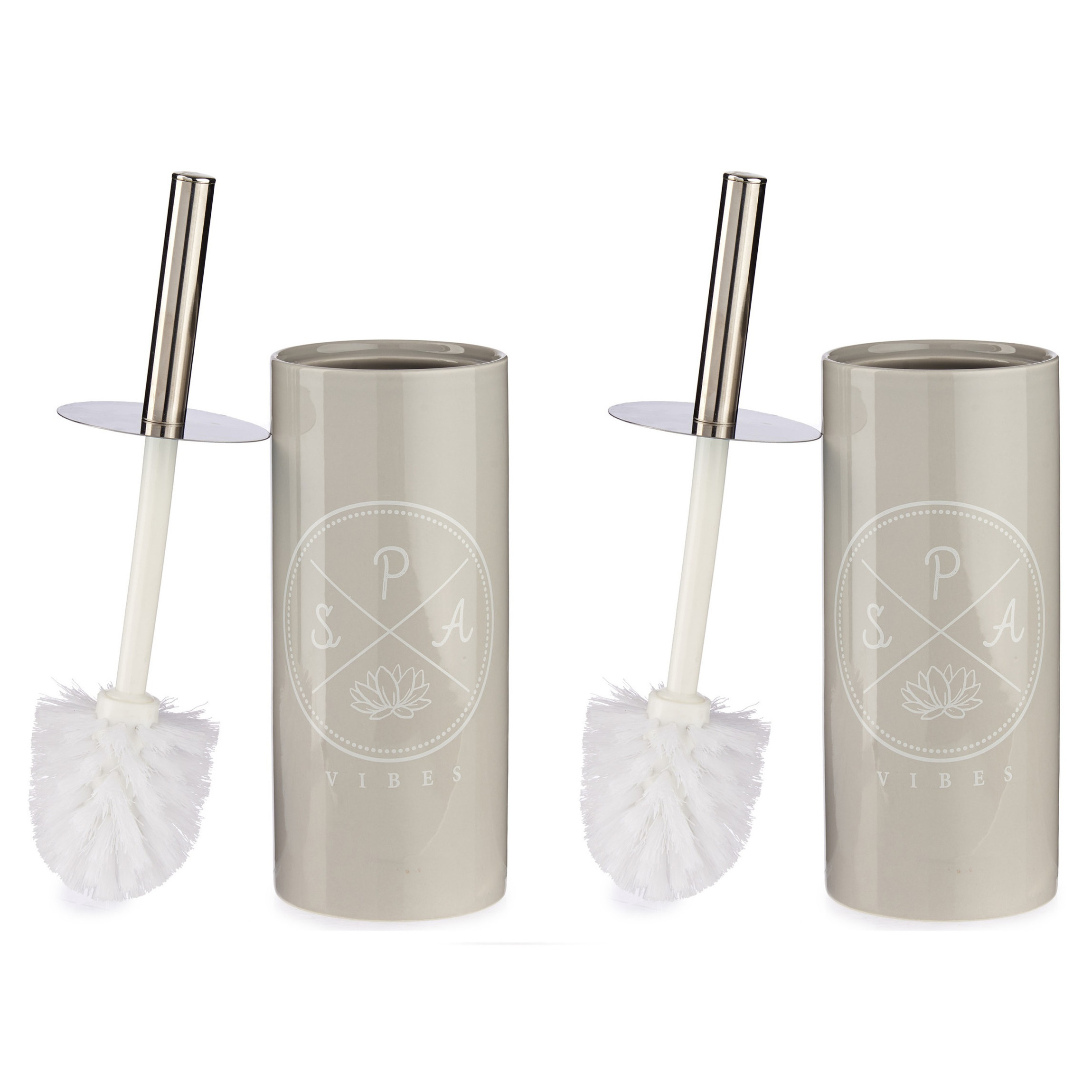 Set van 2x stuks toiletborstel/wc-borstel kiezelgrijs met tekst keramiek 31 cm -