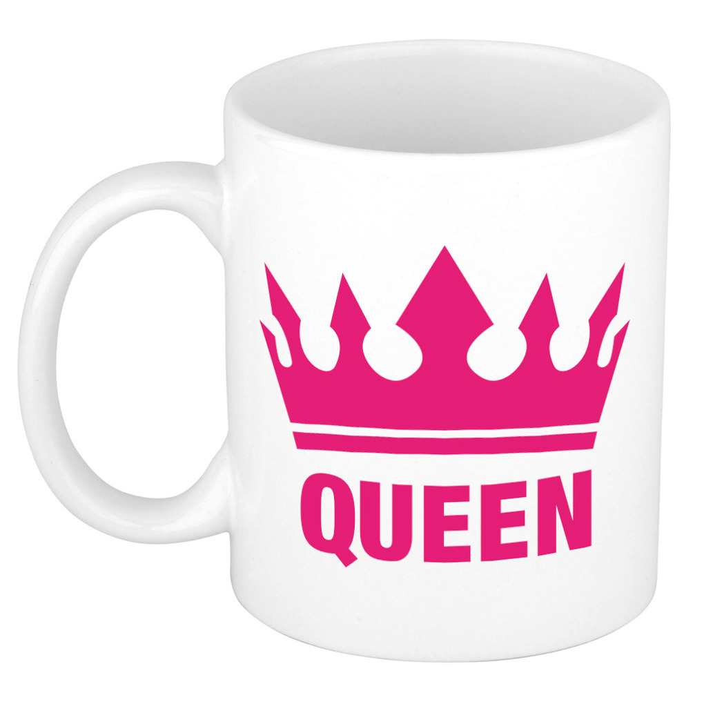 Cadeau Queen mok/ beker wit met fuchsia roze bedrukking 300 ml -