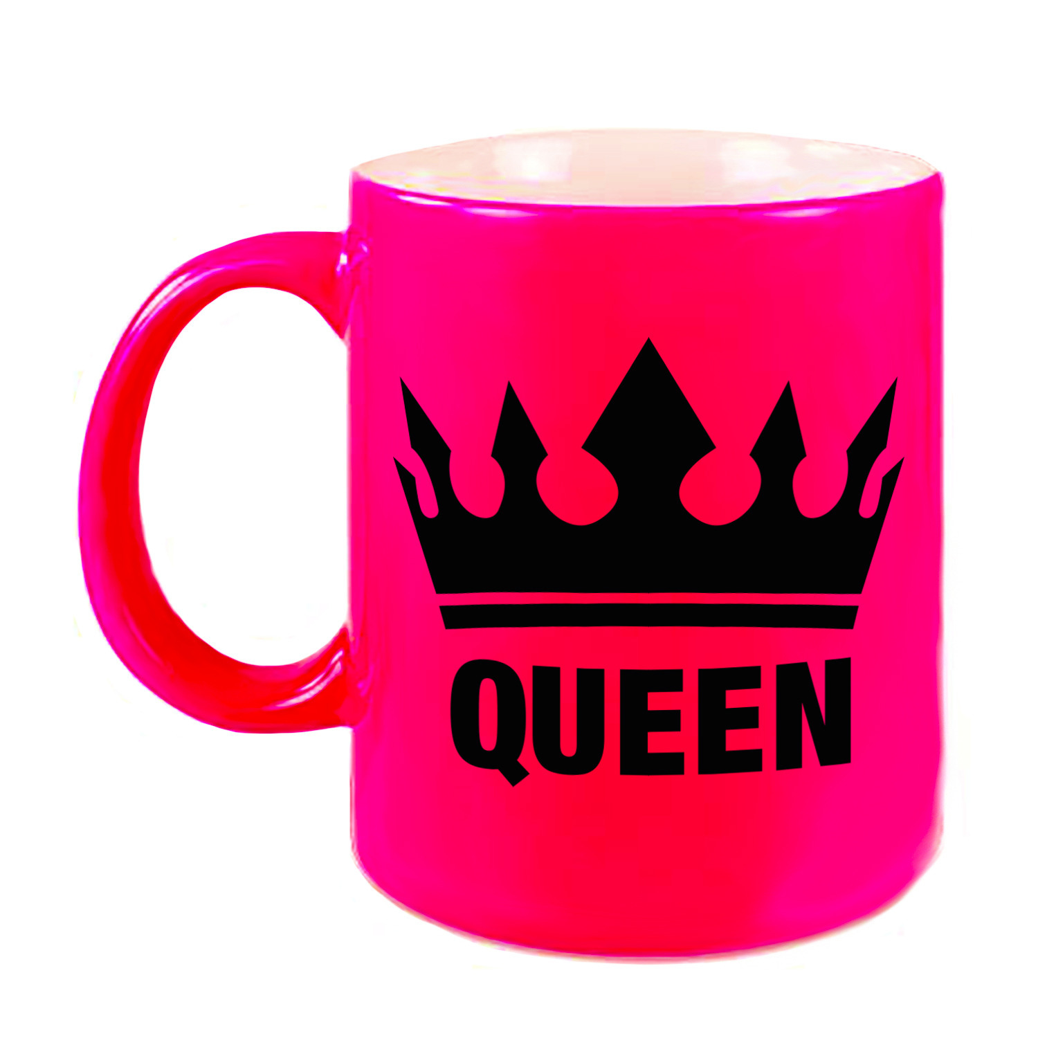 Cadeau Queen mok/ beker fluor neon roze met zwarte bedrukking 300 ml -