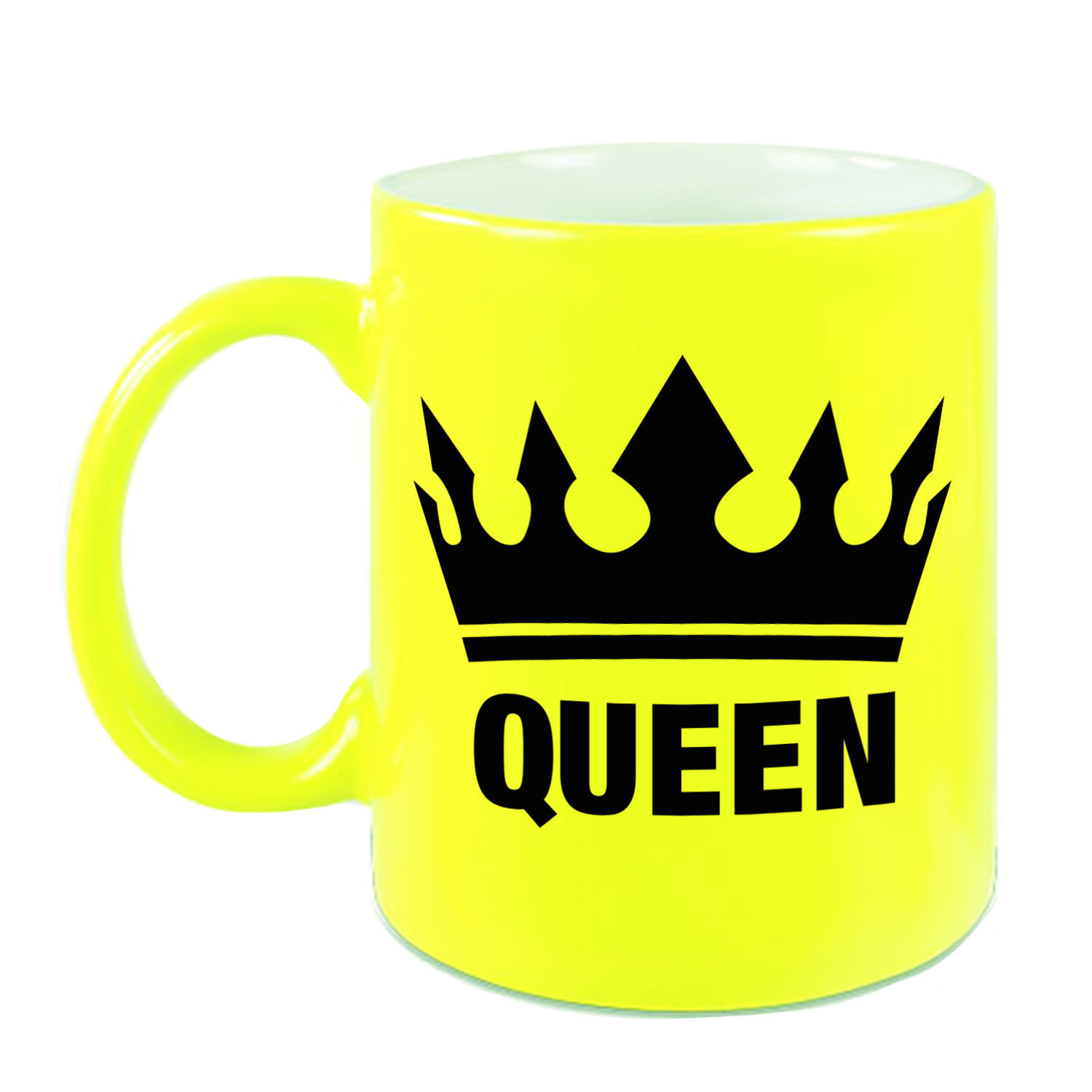 Cadeau Queen mok/ beker fluor neon geel met zwarte bedrukking 300 ml -