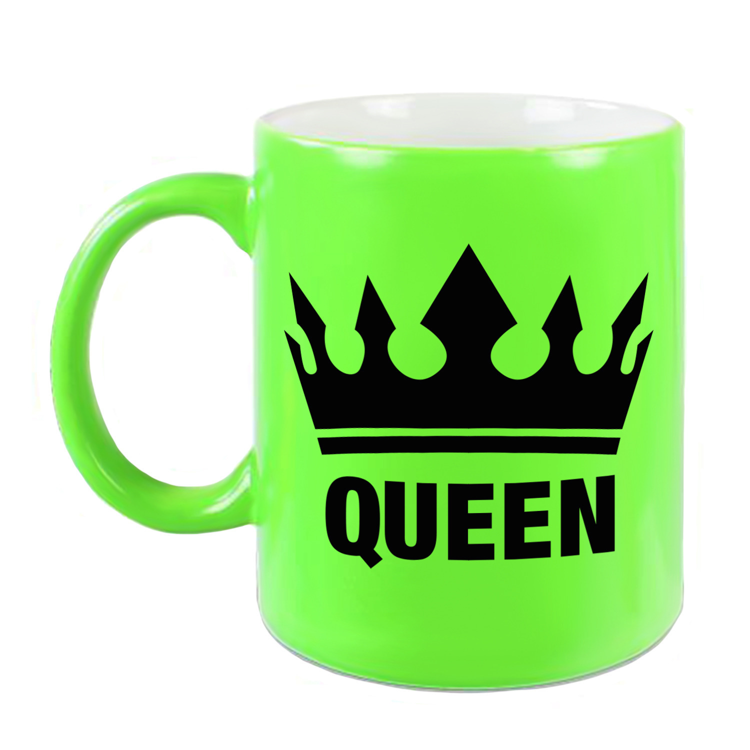Cadeau Queen mok/ beker fluor neon groen met zwarte bedrukking 300 ml -