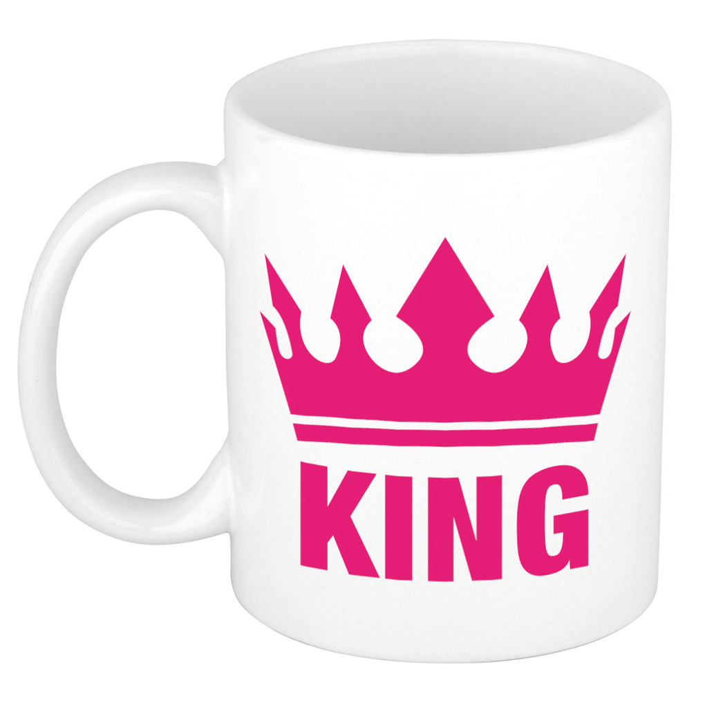 Cadeau King mok/ beker wit met fuchsia roze bedrukking 300 ml -