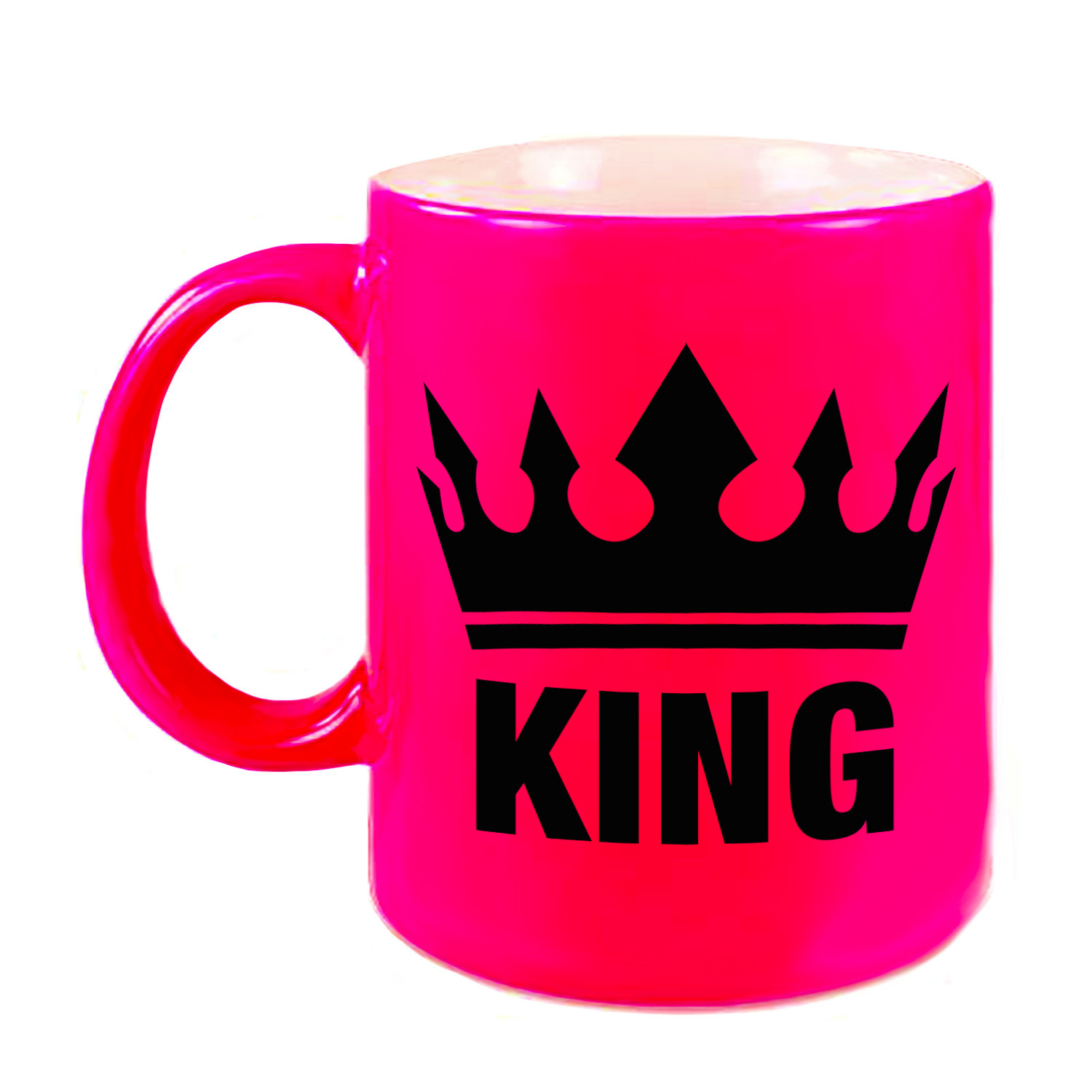 Cadeau King mok/ beker fluor neon roze met zwarte bedrukking 300 ml -