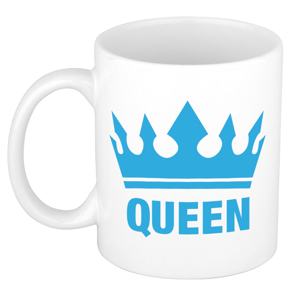 Cadeau Queen mok/ beker wit met blauwe bedrukking 300 ml -