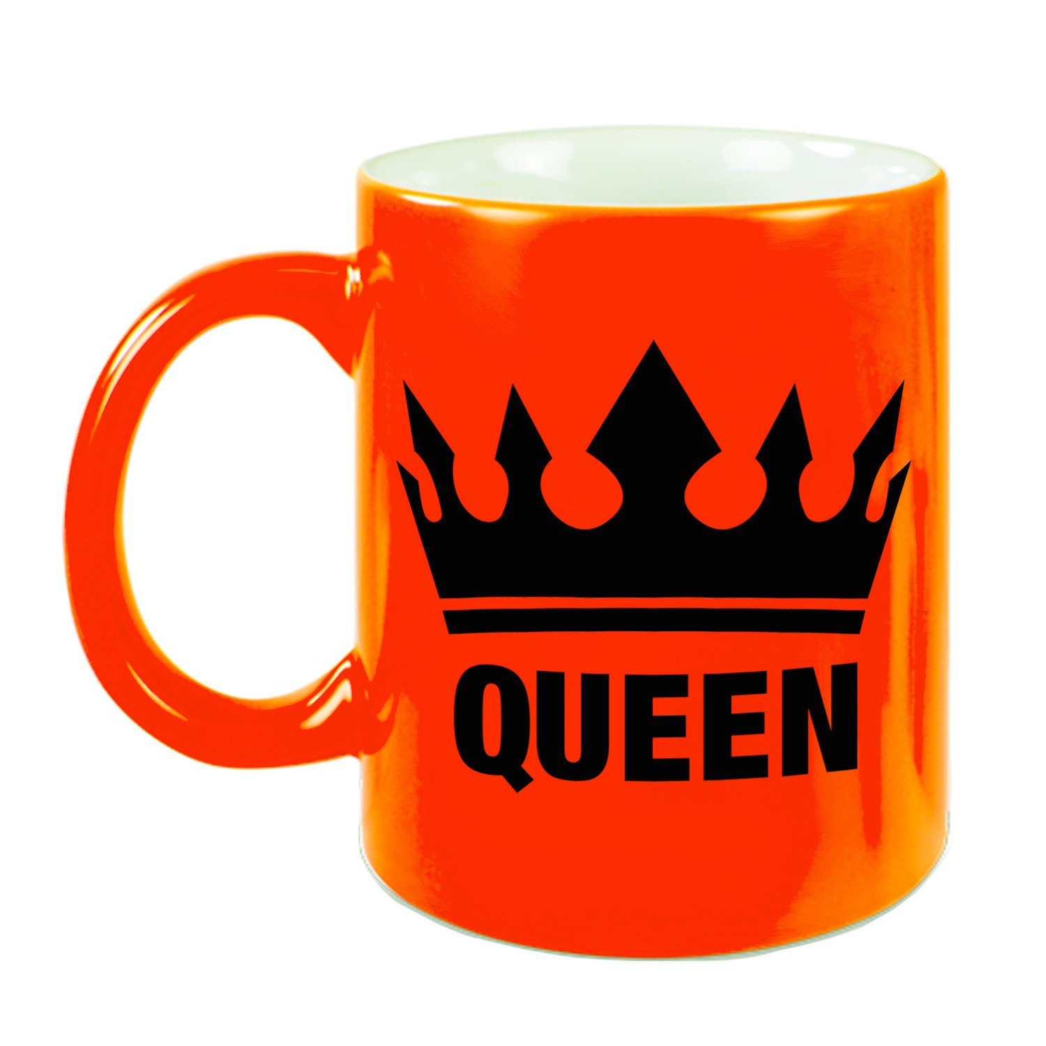 Cadeau Queen mok/ beker fluor neon oranje met zwarte bedrukking 300 ml -
