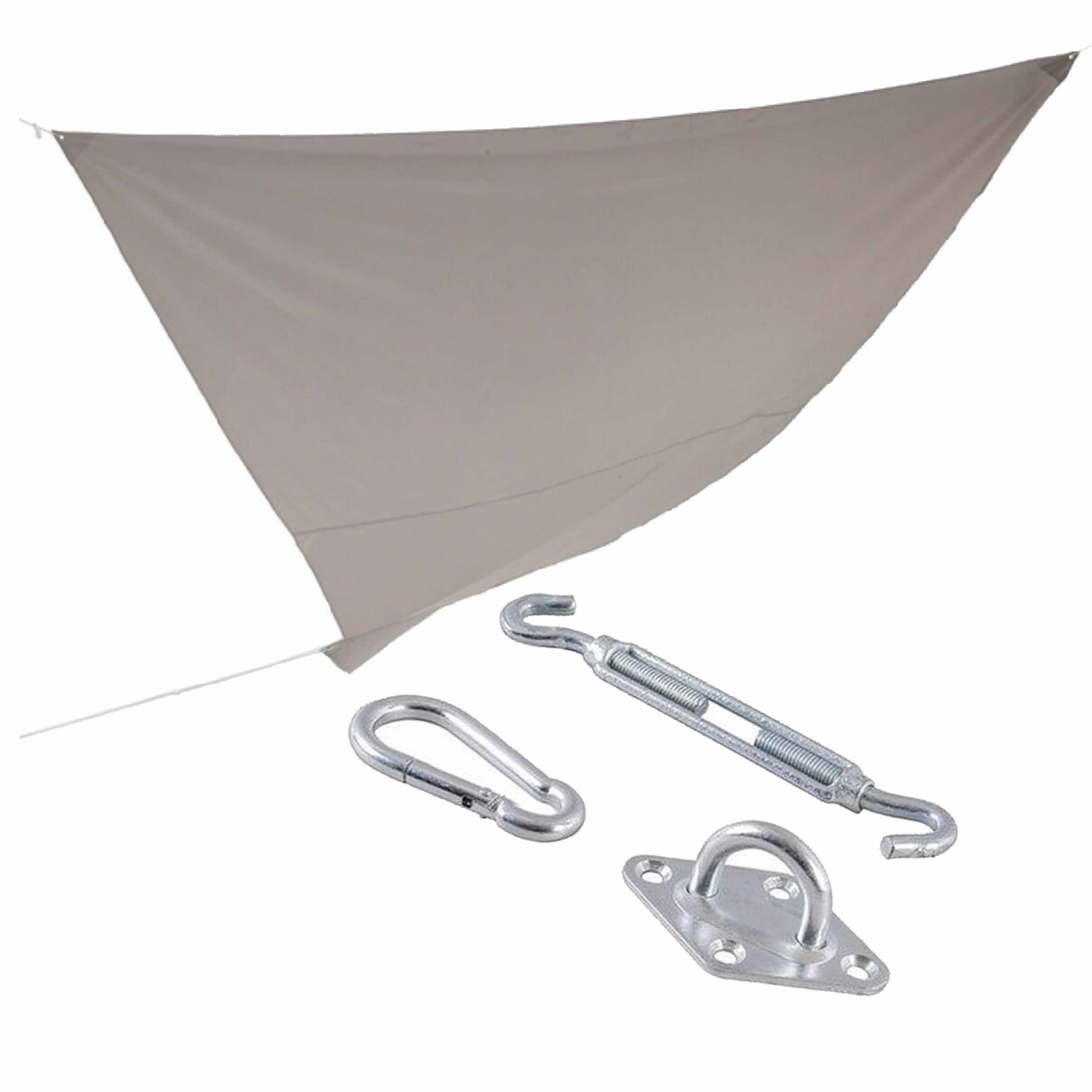 Schaduwdoek/zonnescherm driehoek grijs 3,6 x 3,6 x 3,6 meter met ophanghaken -