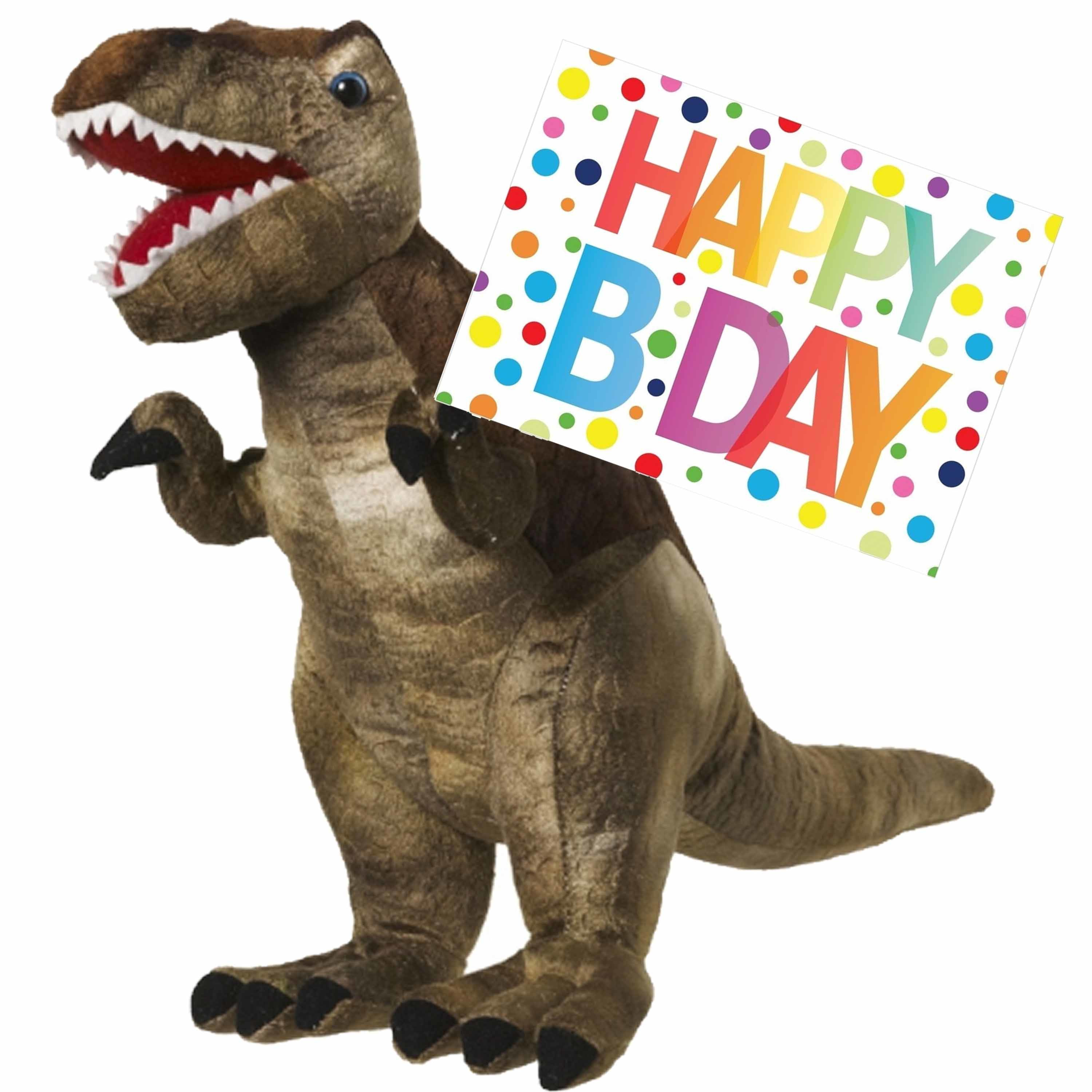 Pluche knuffel Dino T-rex van 48 cm met A5-size Happy Birthday wenskaart -