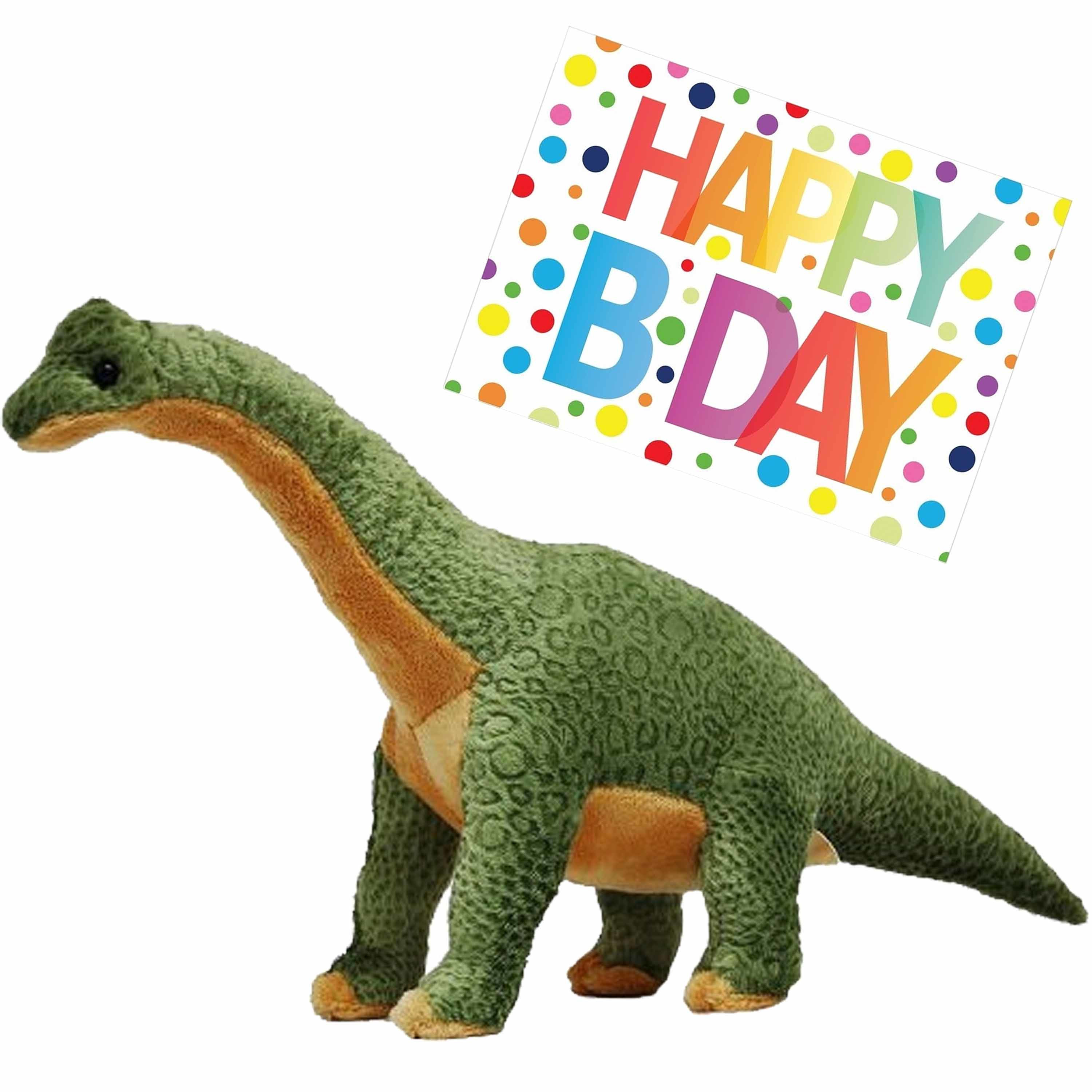 Pluche knuffel Dino Brachiosaurus van 43 cm met A5-size Happy Birthday wenskaart -