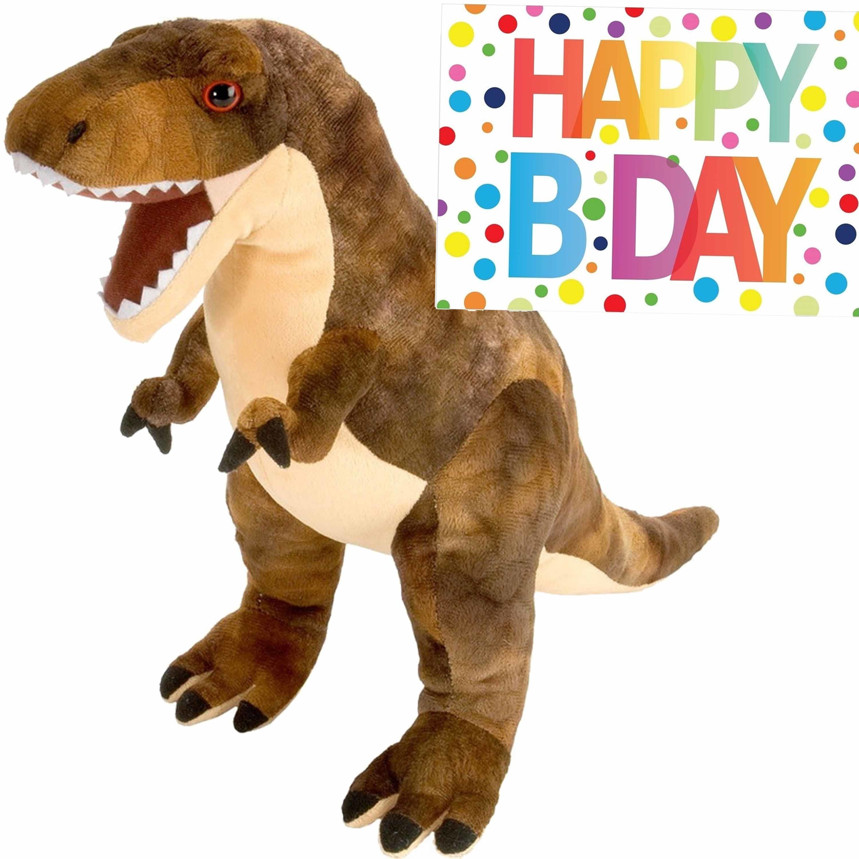 Pluche knuffel Dino T-rex van 25 cm met A5-size Happy Birthday wenskaart -