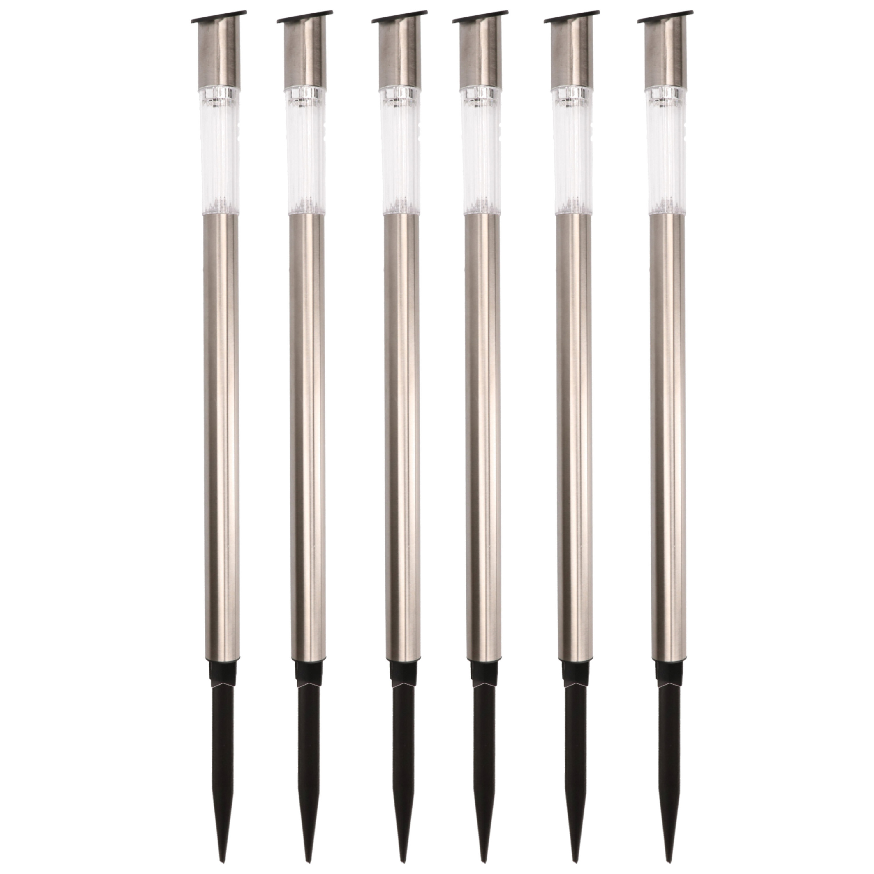 6x Buiten/tuin Led zilveren stekers solar verlichting 57 cm Rvs warm wit -
