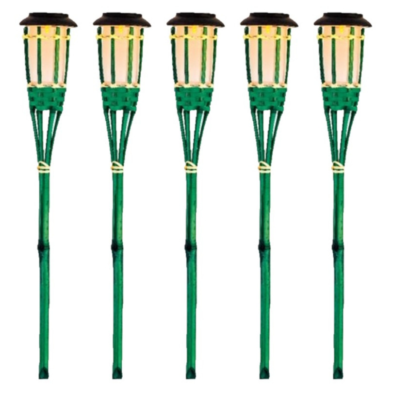 5x Groene buiten/tuin Led fakkel Bodi solar verlichting 54 cm vlam -