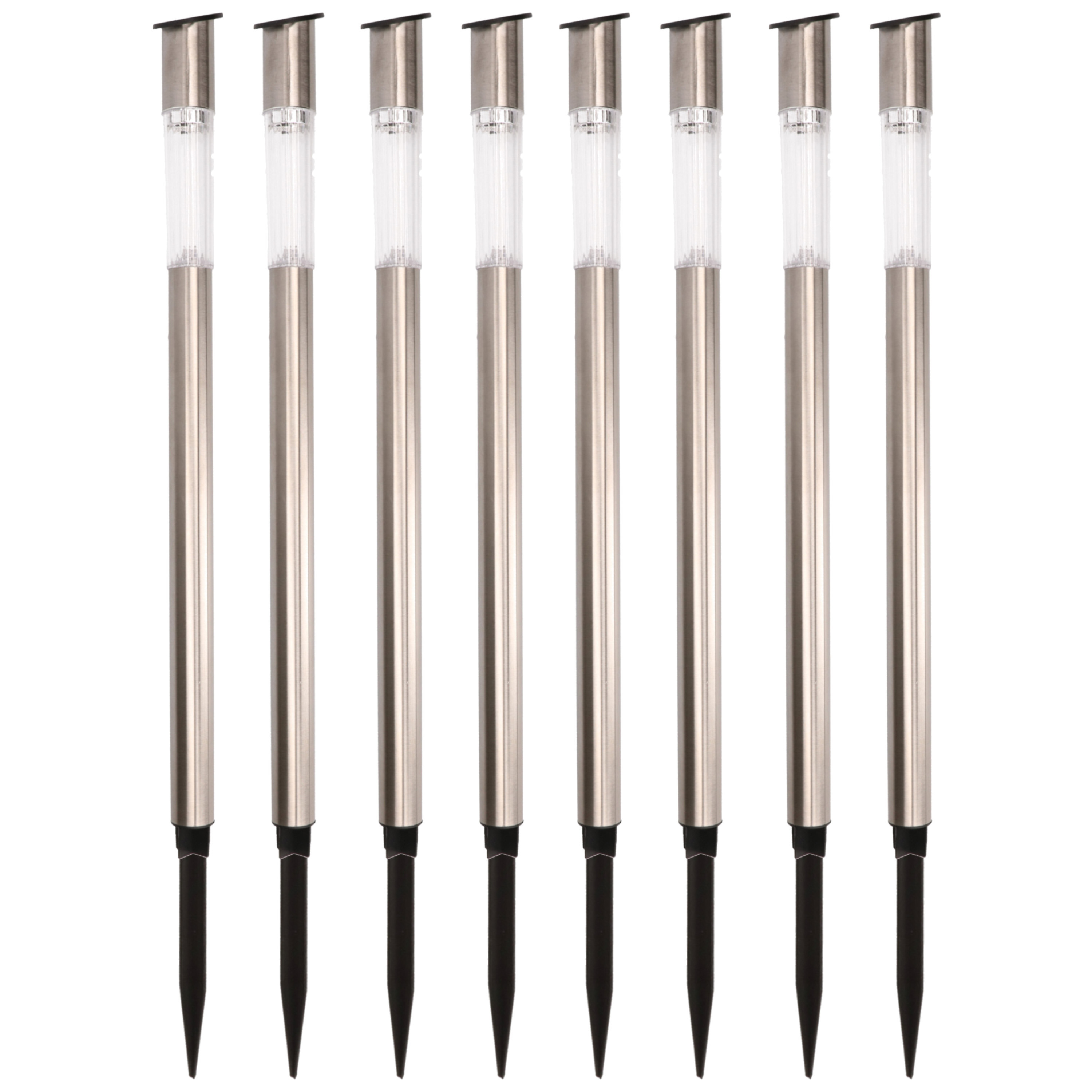 8x Buiten/tuin Led zilveren stekers solar verlichting 57 cm Rvs warm wit -