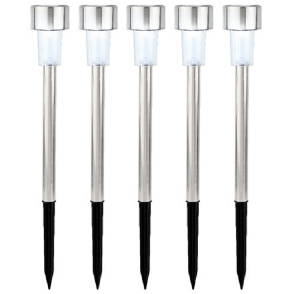 5x Buiten/tuin Led zilveren stekers solar verlichting 24 cm Rvs koud wit -