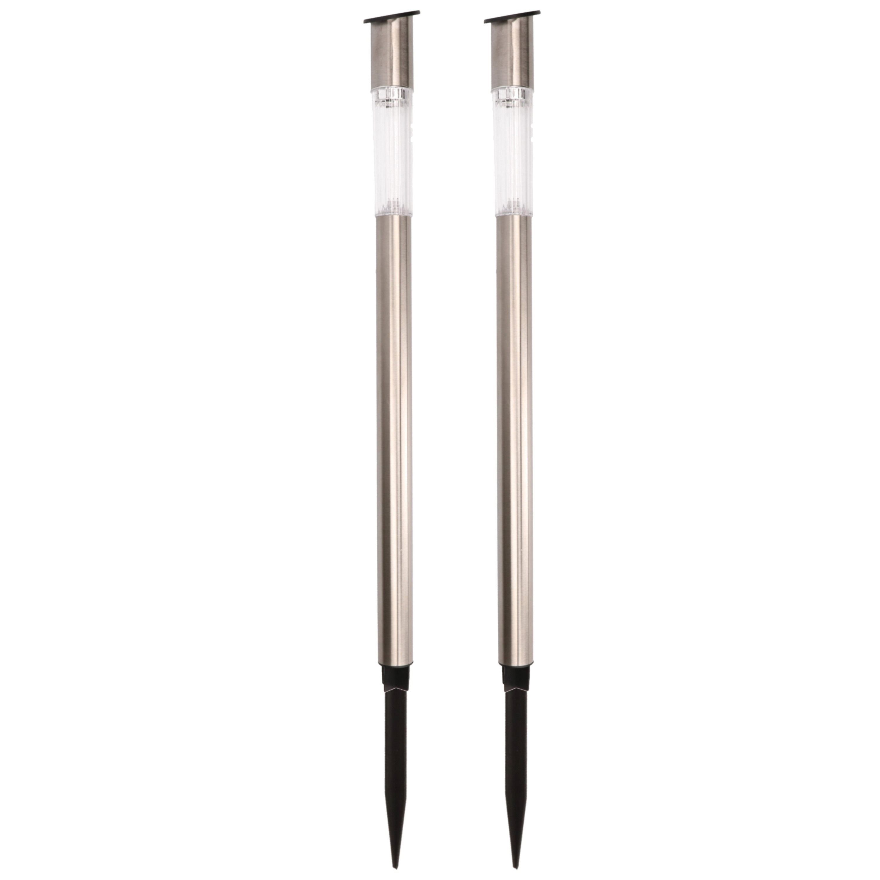 2x Buiten/tuin Led zilveren stekers solar verlichting 57 cm Rvs warm wit -