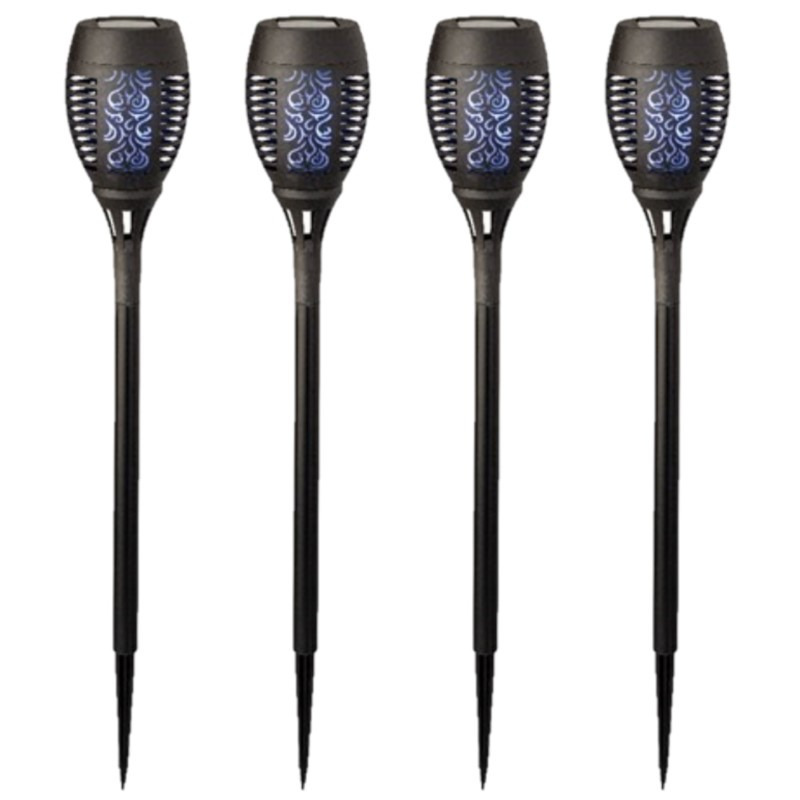 4x stuks solar tuinfakkel zwart met gekleurd vlameffect 49 cm -