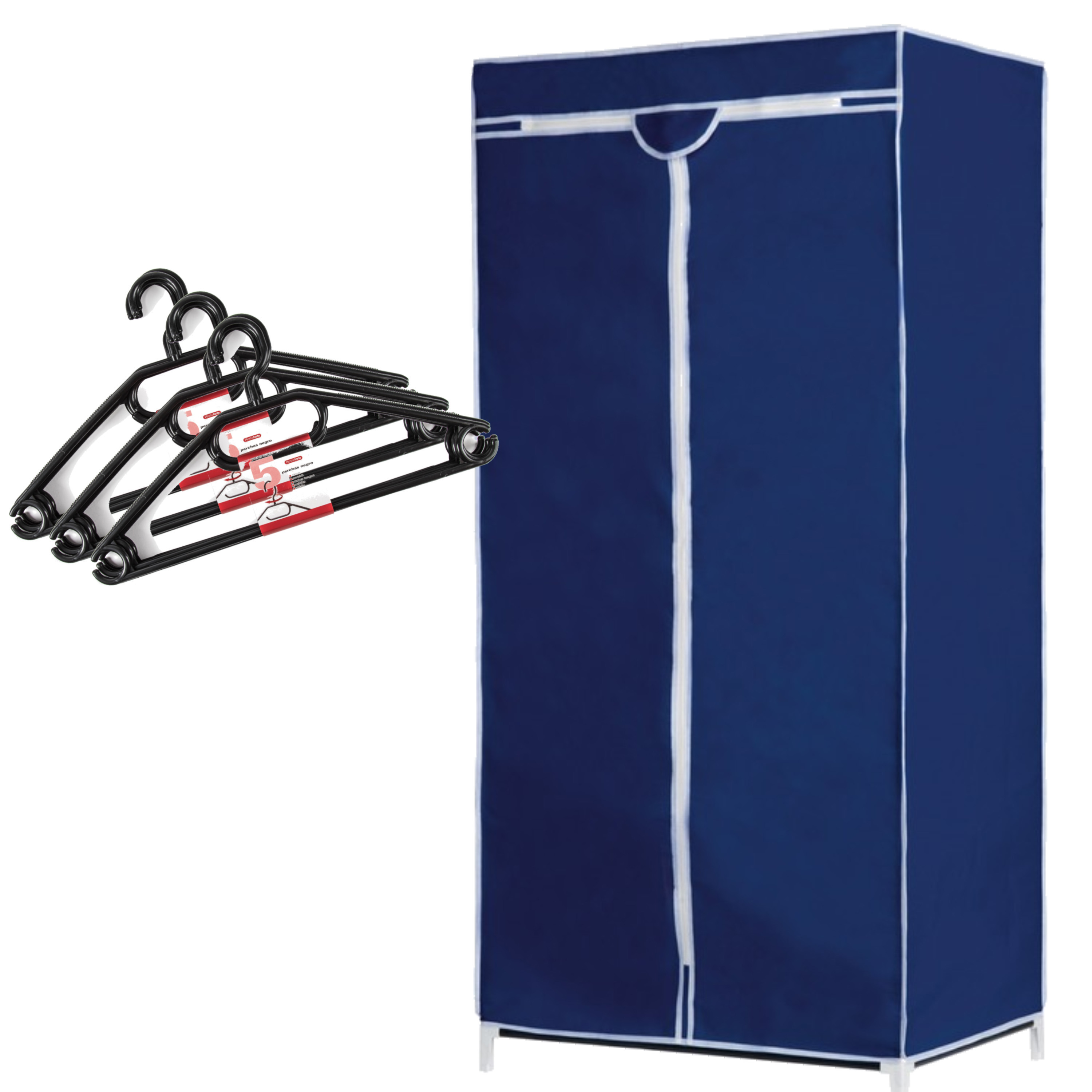 Set van mobiele opvouwbare kledingkast met blauwe hoes 160 cm en 15x plastic kledinghangers zwart -