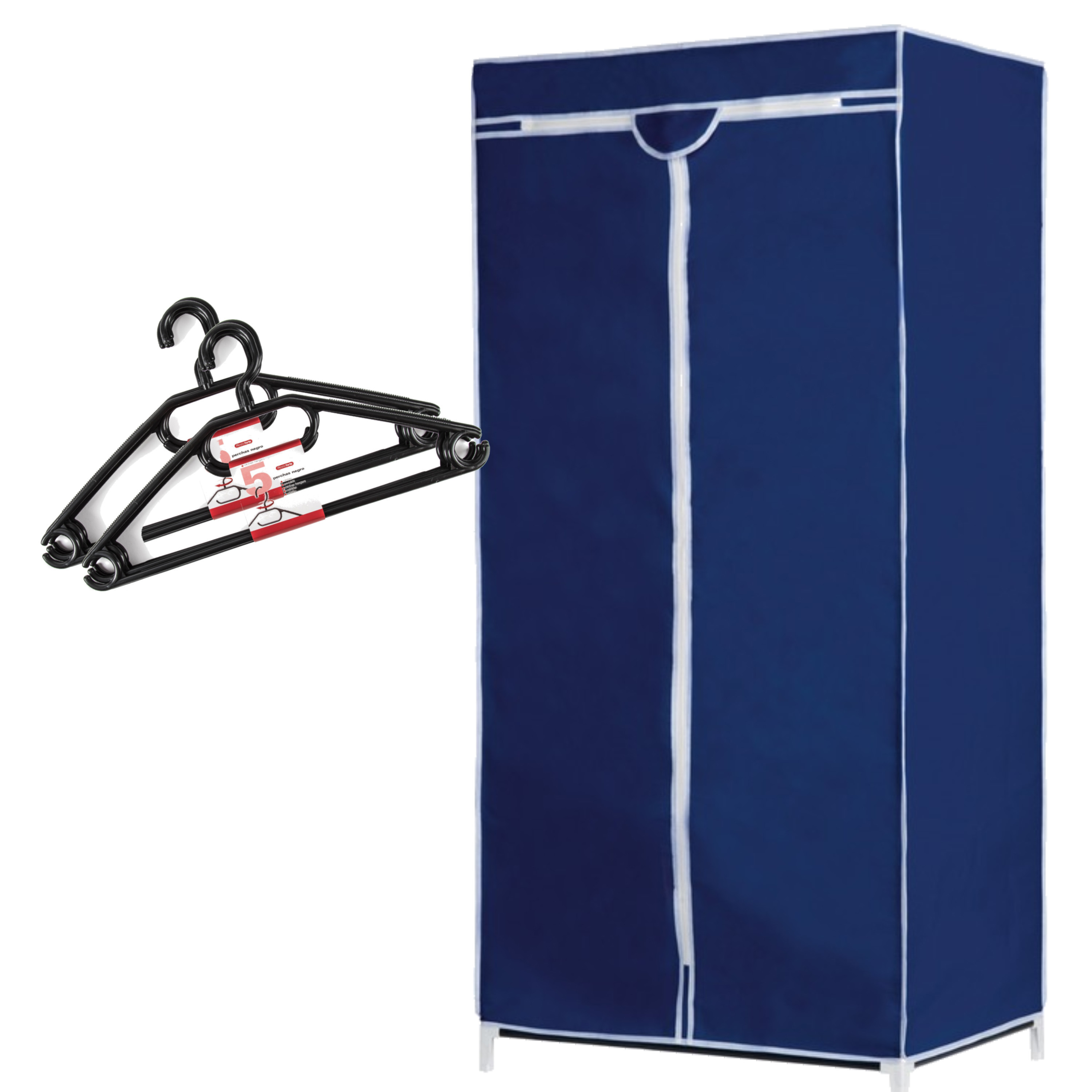 Set van mobiele opvouwbare kledingkast met blauwe hoes 160 cm en 10x plastic kledinghangers zwart -