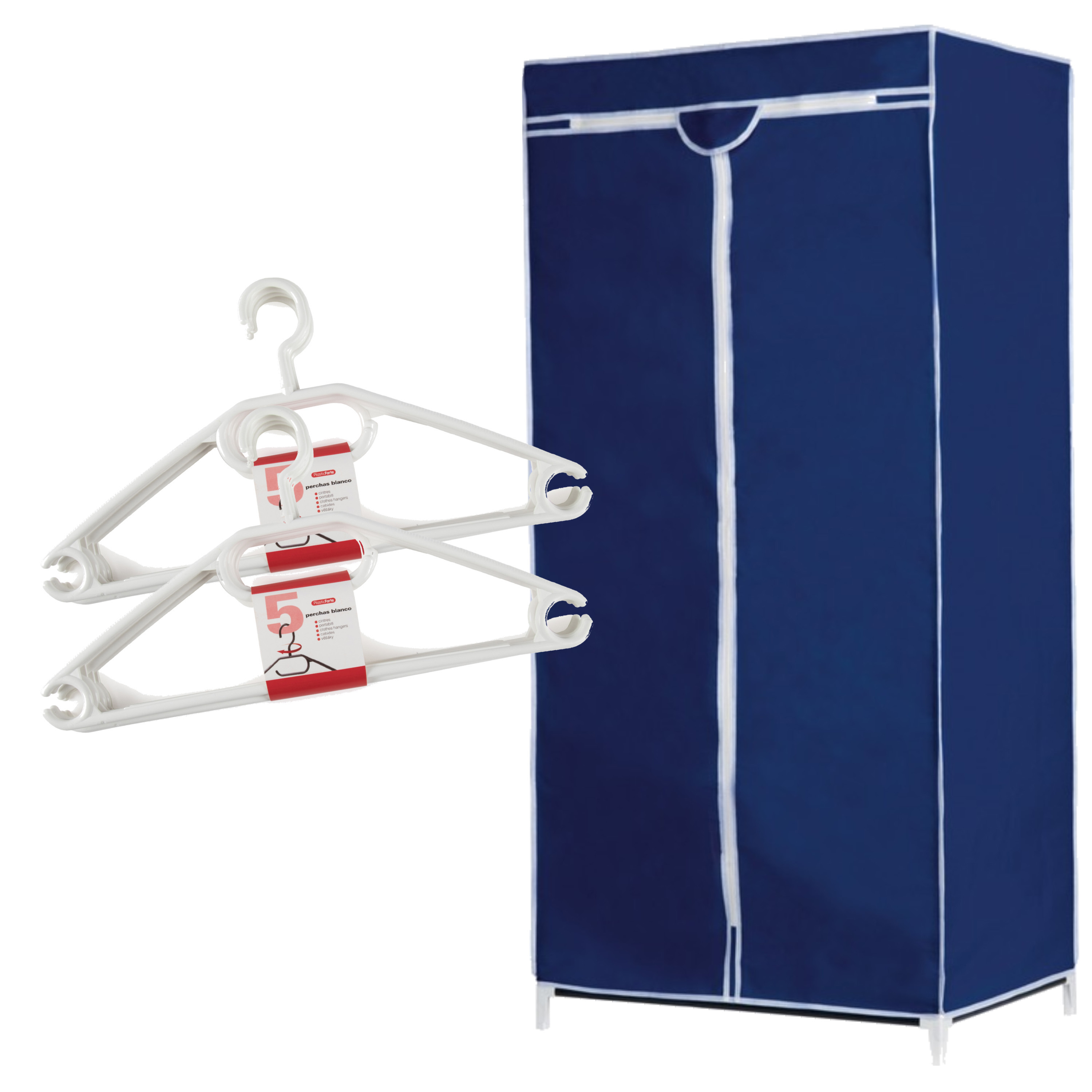 Set van mobiele opvouwbare kledingkast met blauwe hoes 160 cm en 10x plastic kledinghangers wit -