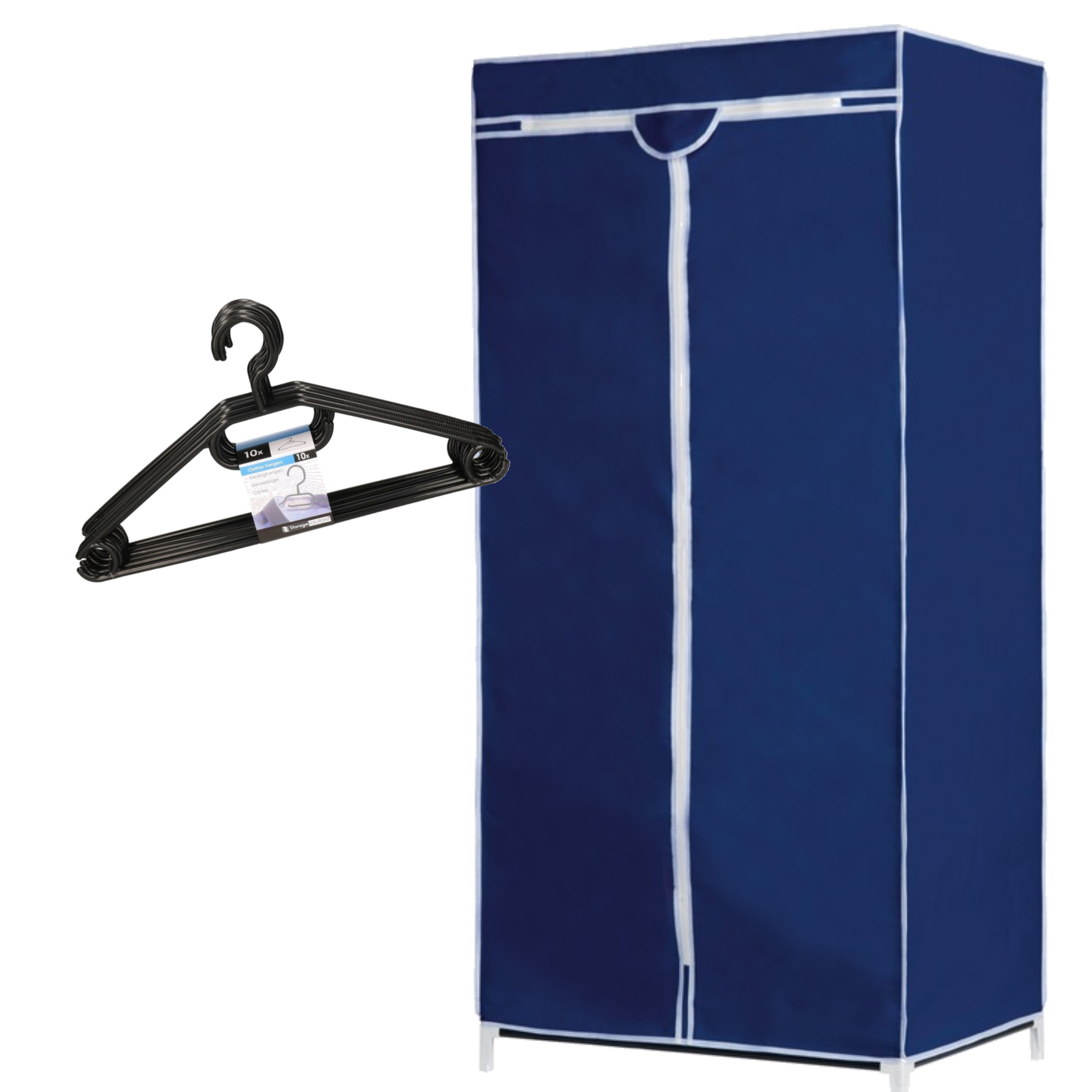 Set van mobiele opvouwbare kledingkast met blauwe hoes 160 cm en 10x plastic kledinghangers zwart -