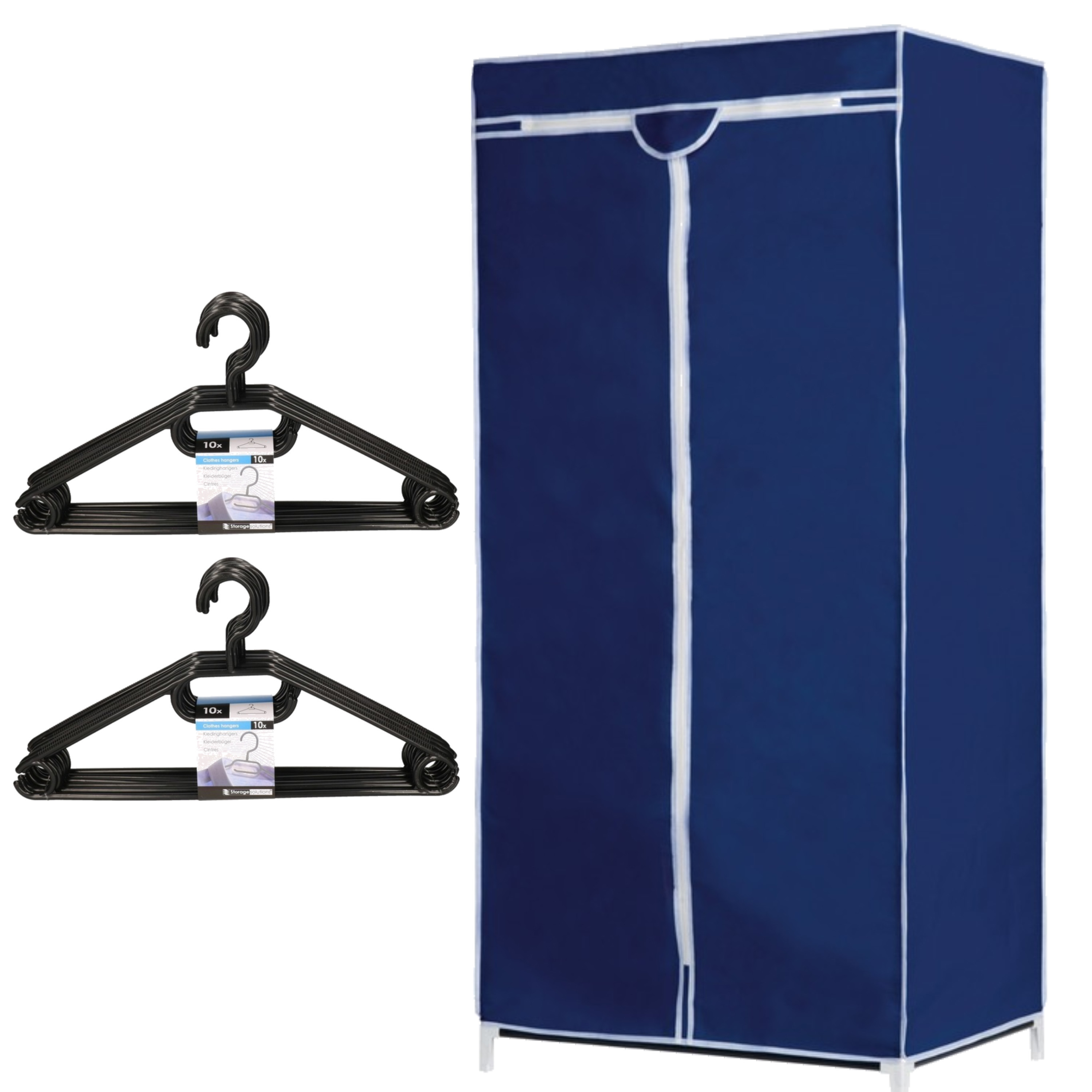 Set van mobiele opvouwbare kledingkast met blauwe hoes 160 cm en 20x plastic kledinghangers zwart -