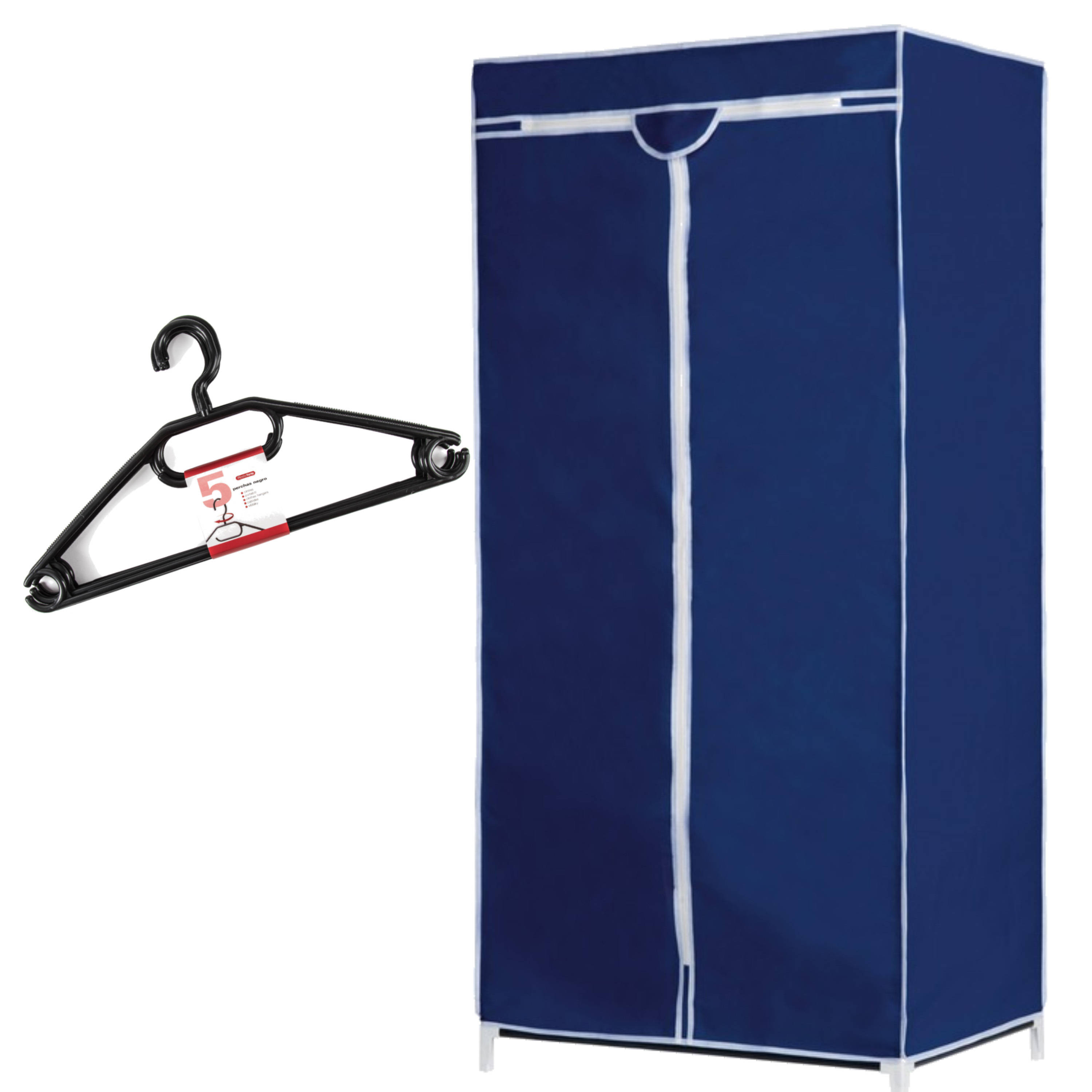 Set van mobiele opvouwbare kledingkast met blauwe hoes 160 cm en 5x plastic kledinghangers zwart -