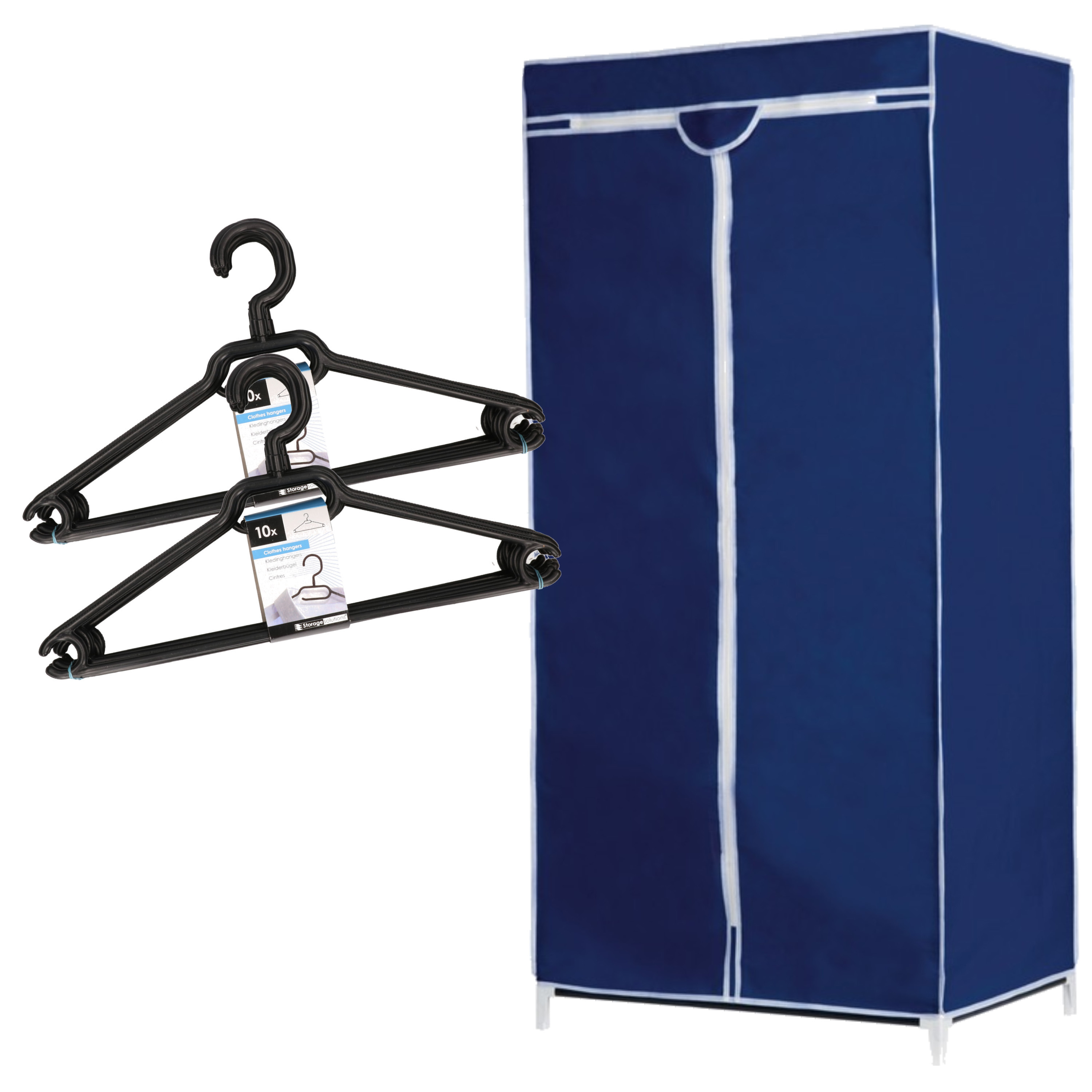 Set van mobiele opvouwbare kledingkast met blauwe hoes 160 cm en 20x plastic kledinghangers zwart -