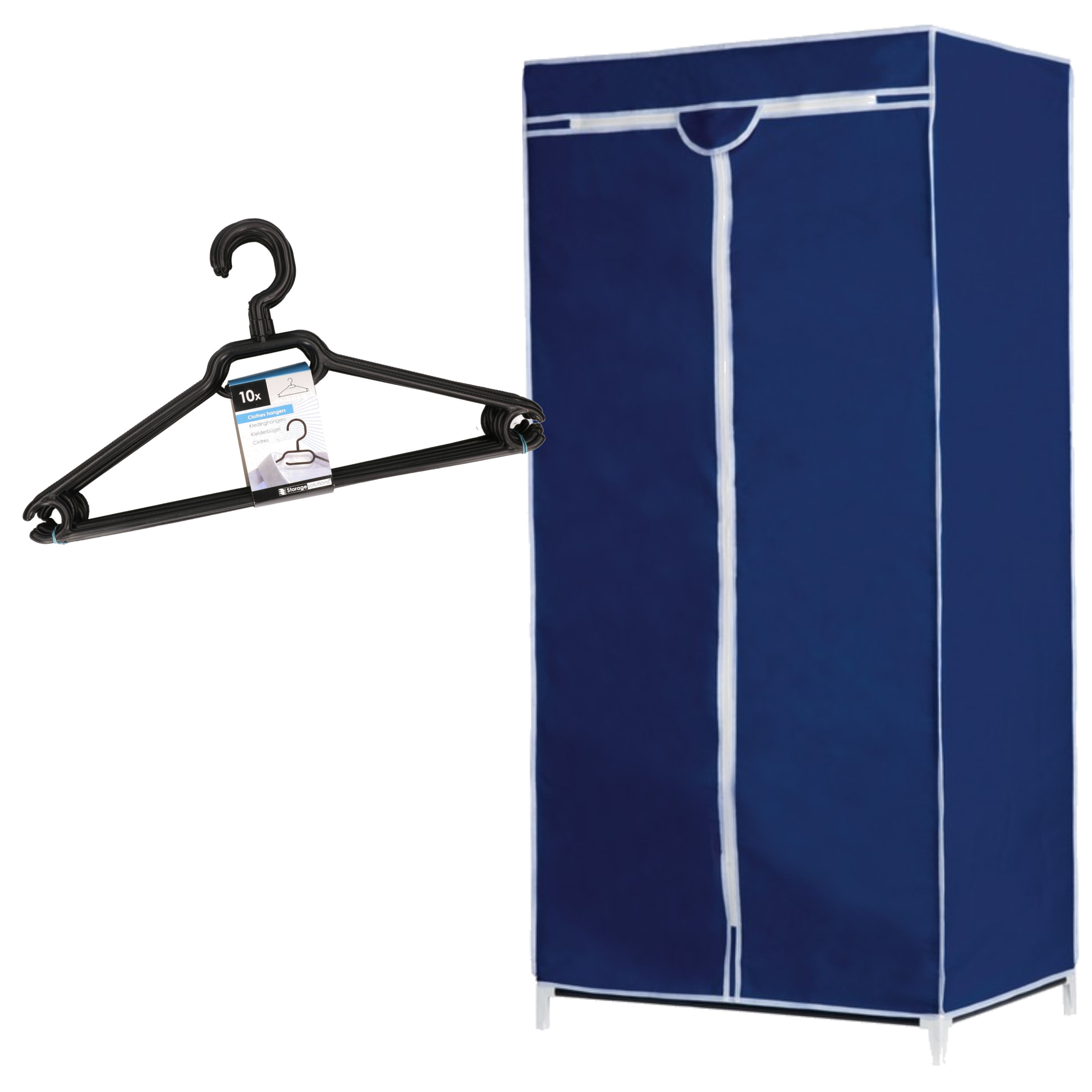 Set van mobiele opvouwbare kledingkast met blauwe hoes 160 cm en 10x plastic kledinghangers zwart -