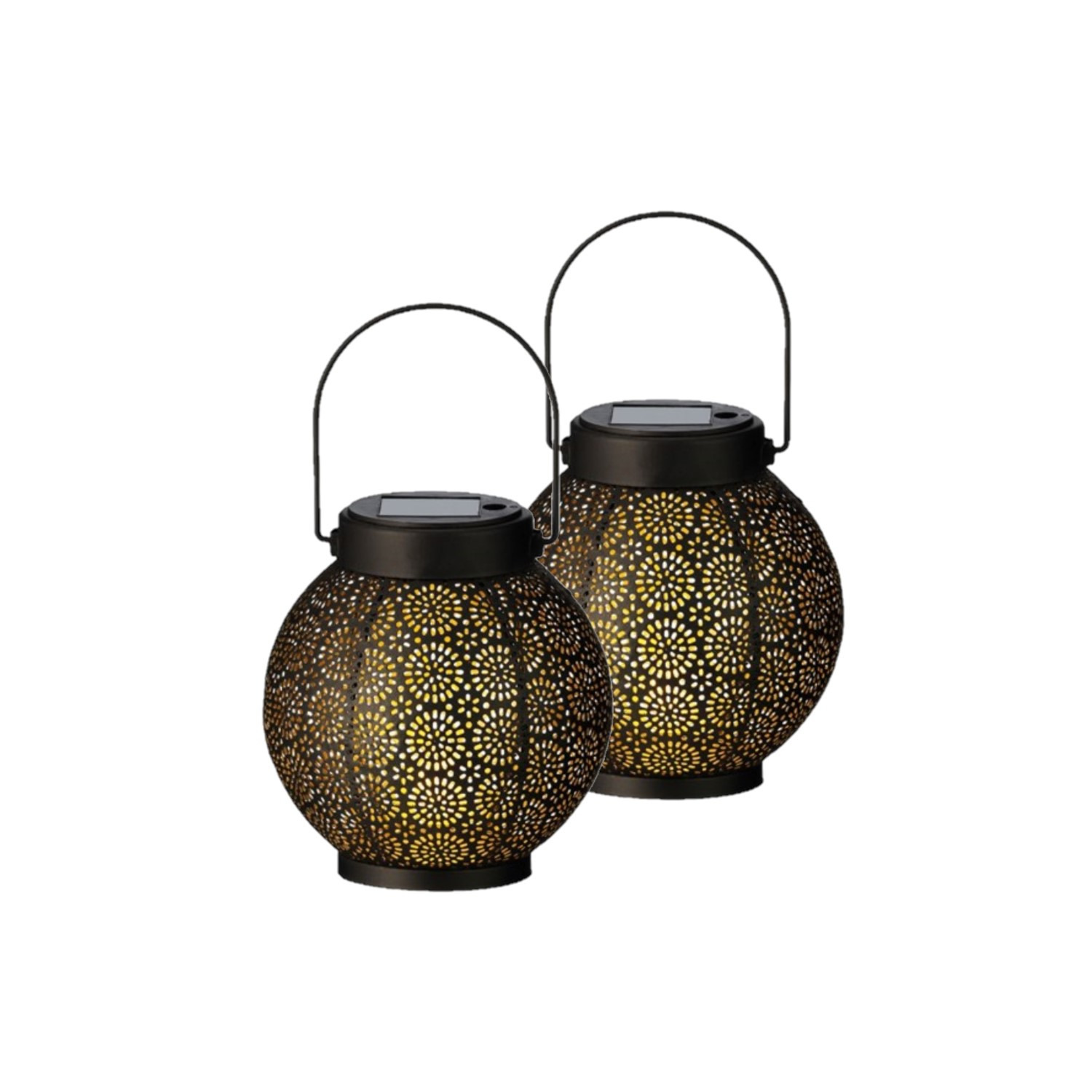2x stuks solar lantaarn met cirkel patroon metaal zwart 16 cm -
