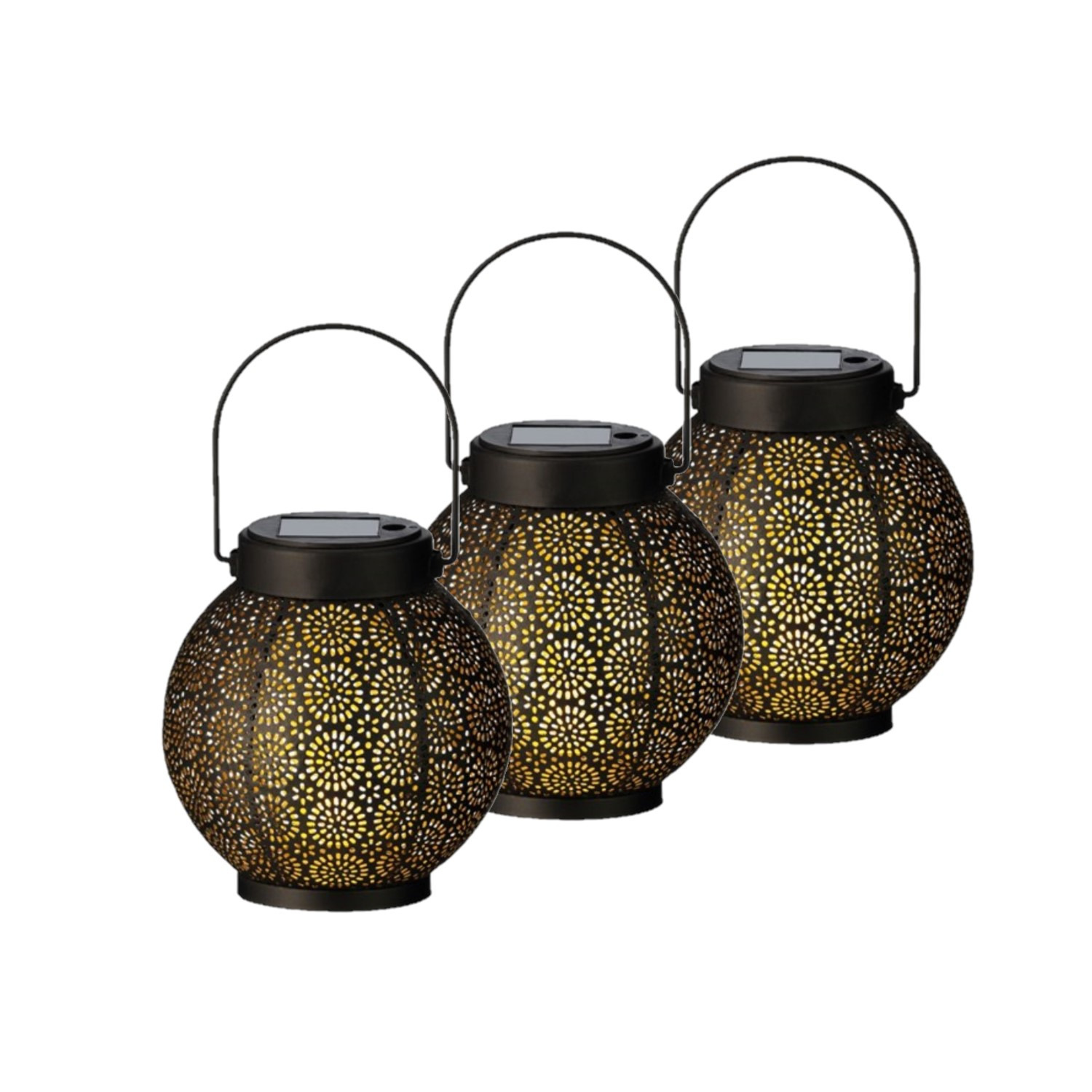 3x stuks solar lantaarn met cirkel patroon metaal zwart 16 cm -