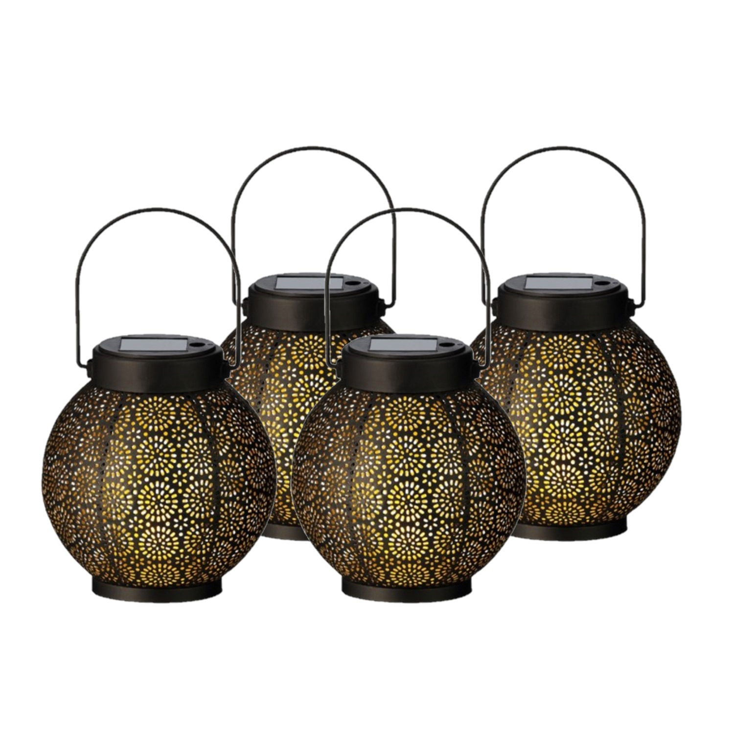 4x stuks solar lantaarn met cirkel patroon metaal zwart 16 cm -
