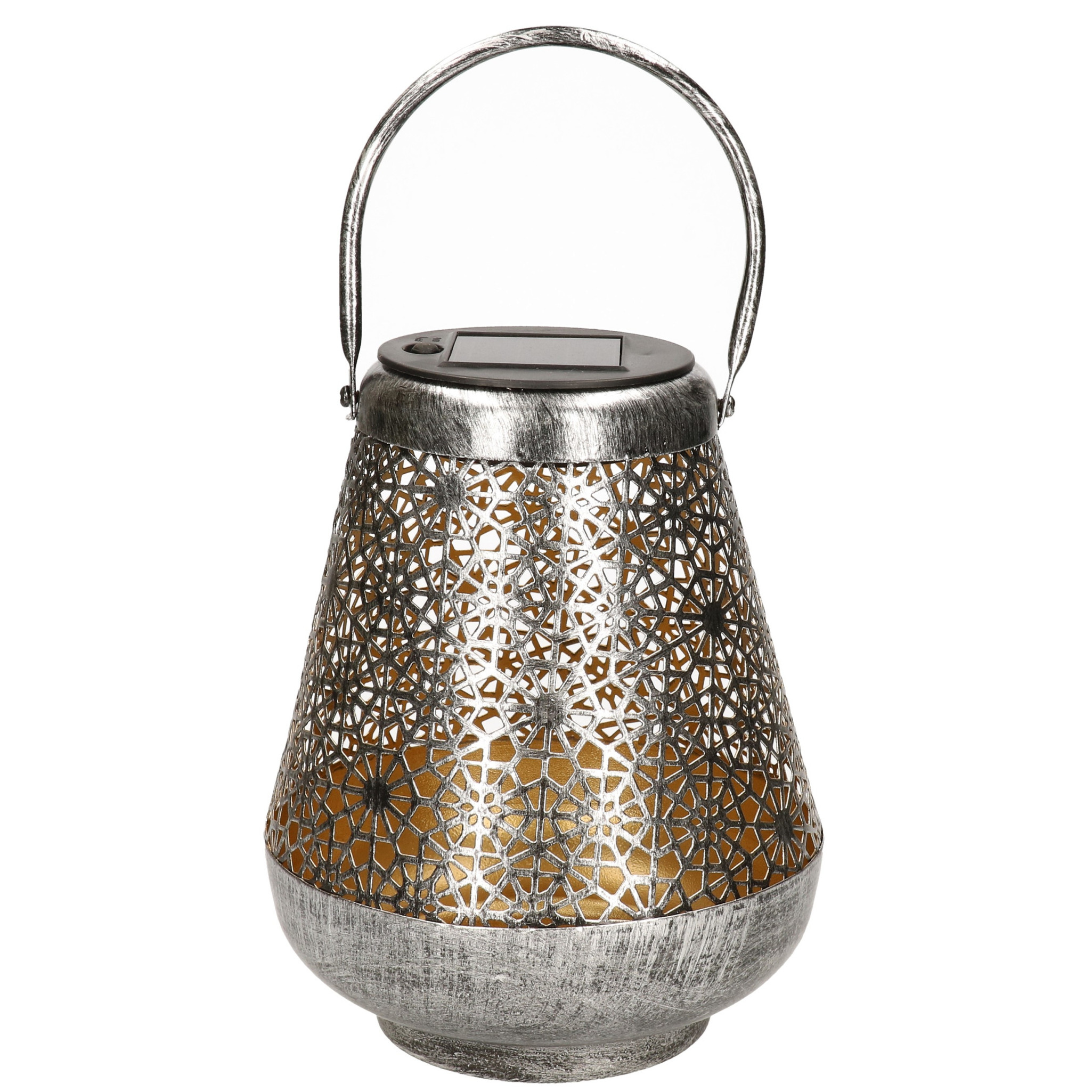 Solar lantaarn met bloemen patroon metaal antiek zilver 19 cm -