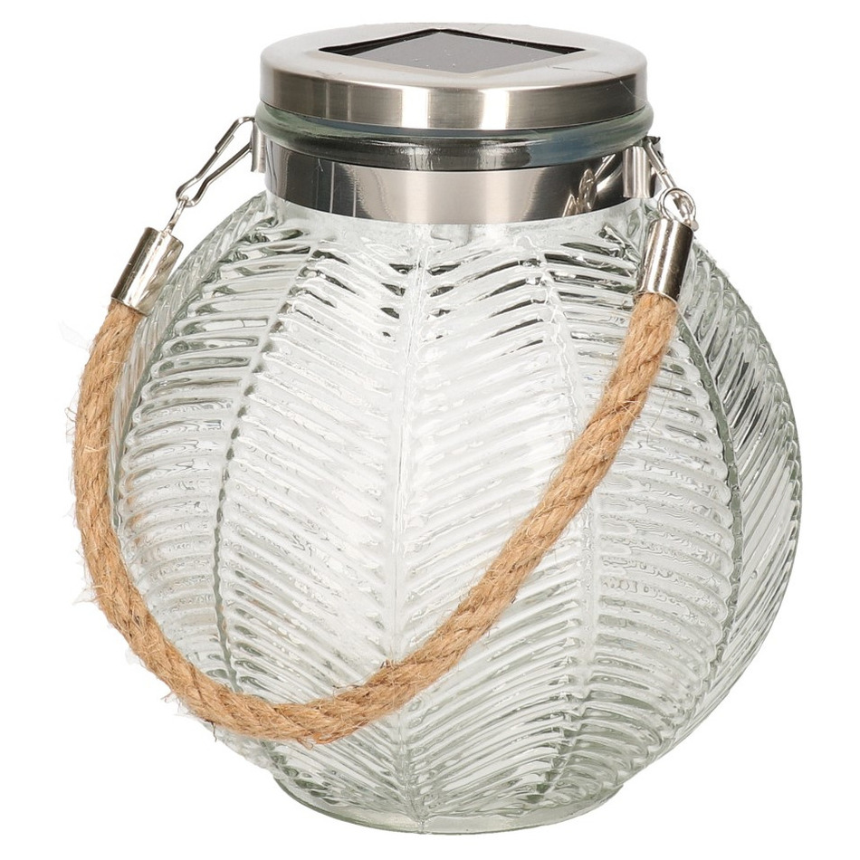 Transparante solar lantaarn van gestreept glas rond 16 cm -