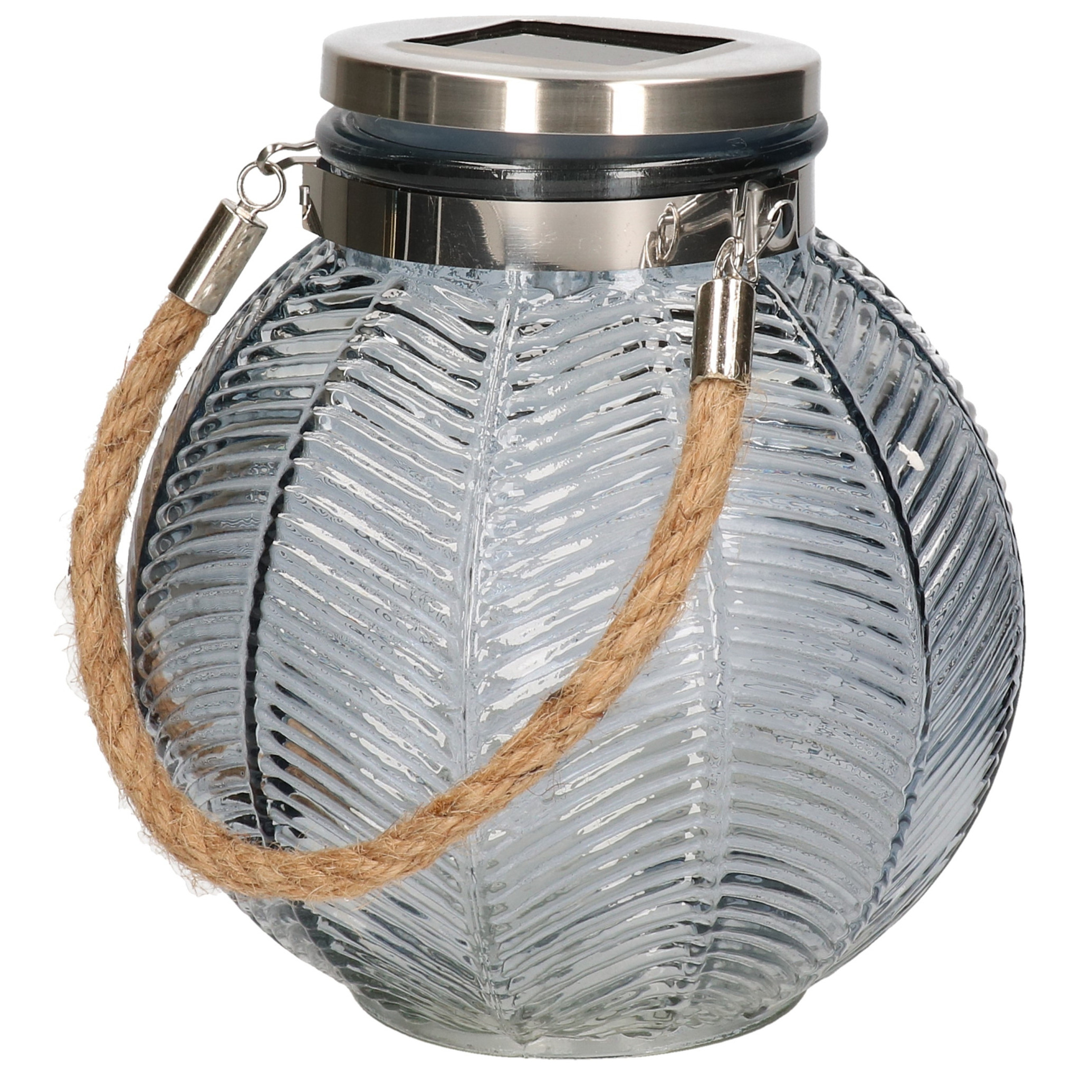 Grijze solar lantaarn van gestreept glas rond 16 cm -