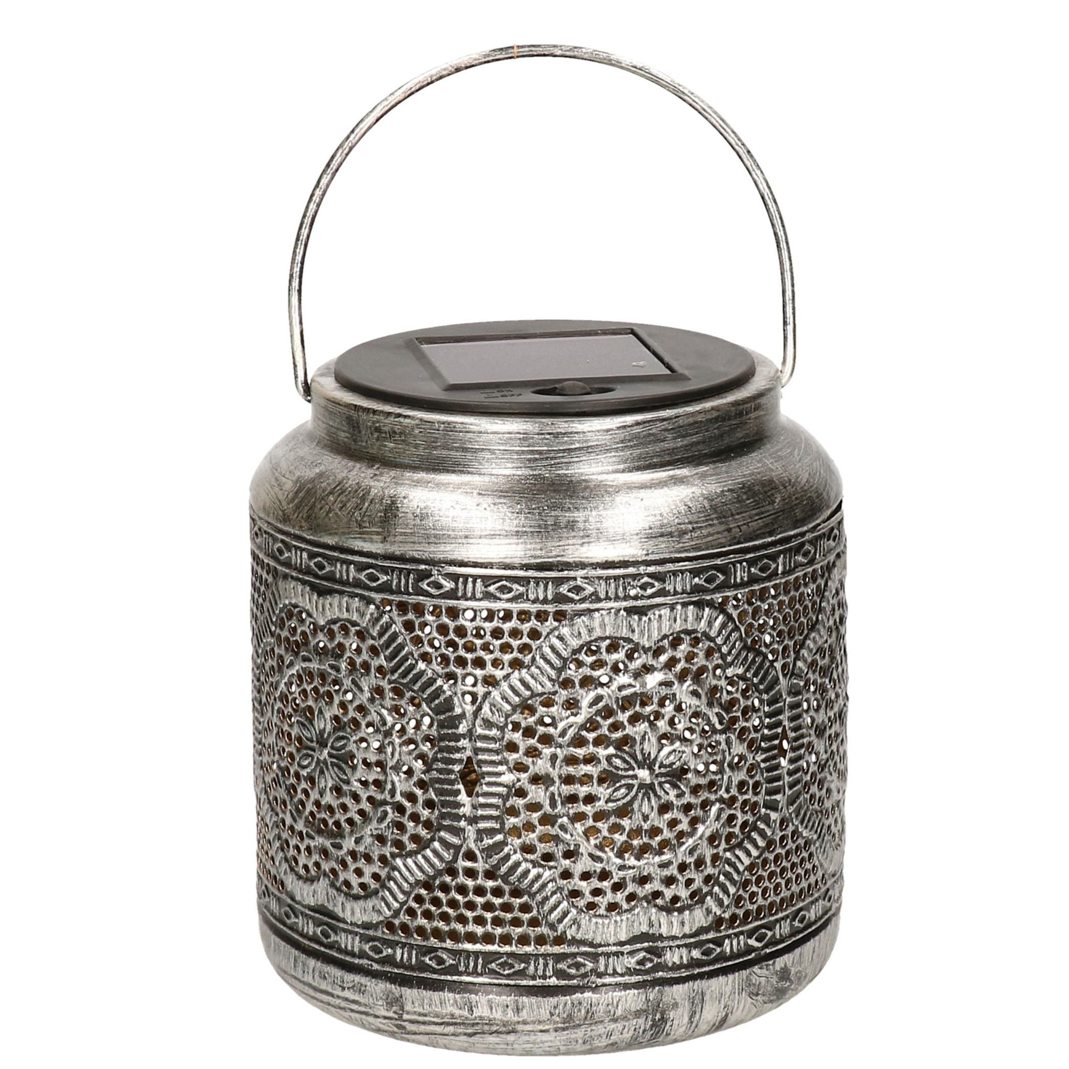 Solar lantaarn met patroon metaal antiek zilver 16 cm -