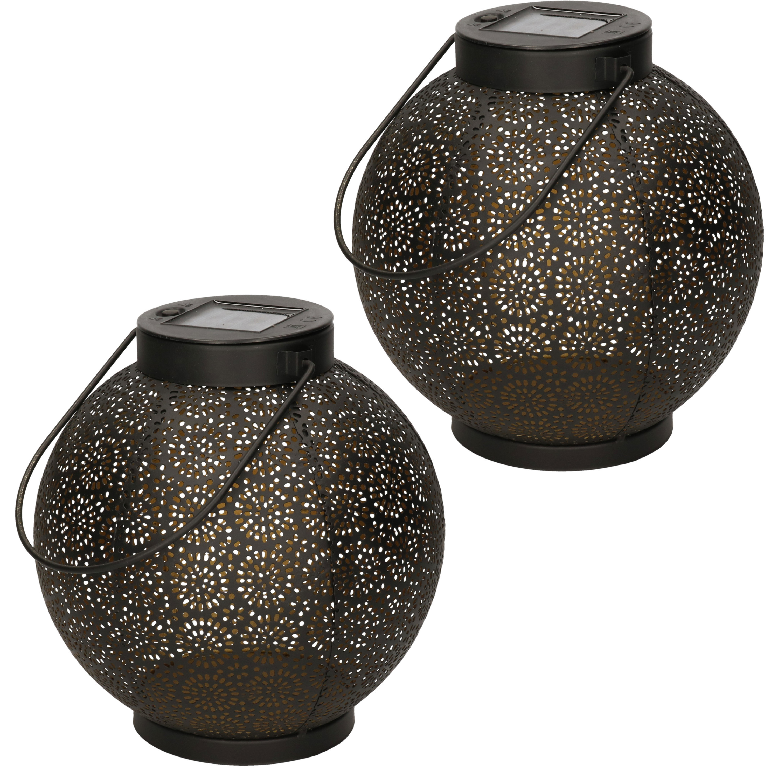2x stuks solar lantaarn met cirkel patroon metaal zwart 19 cm -