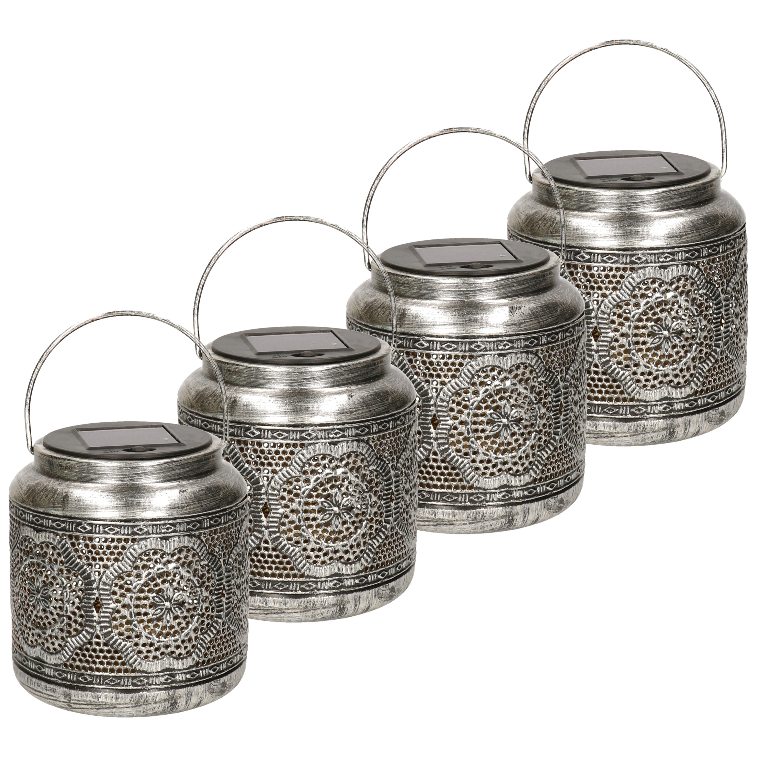 4x stuks solar lantaarn met patroon metaal antiek zilver 16 cm -