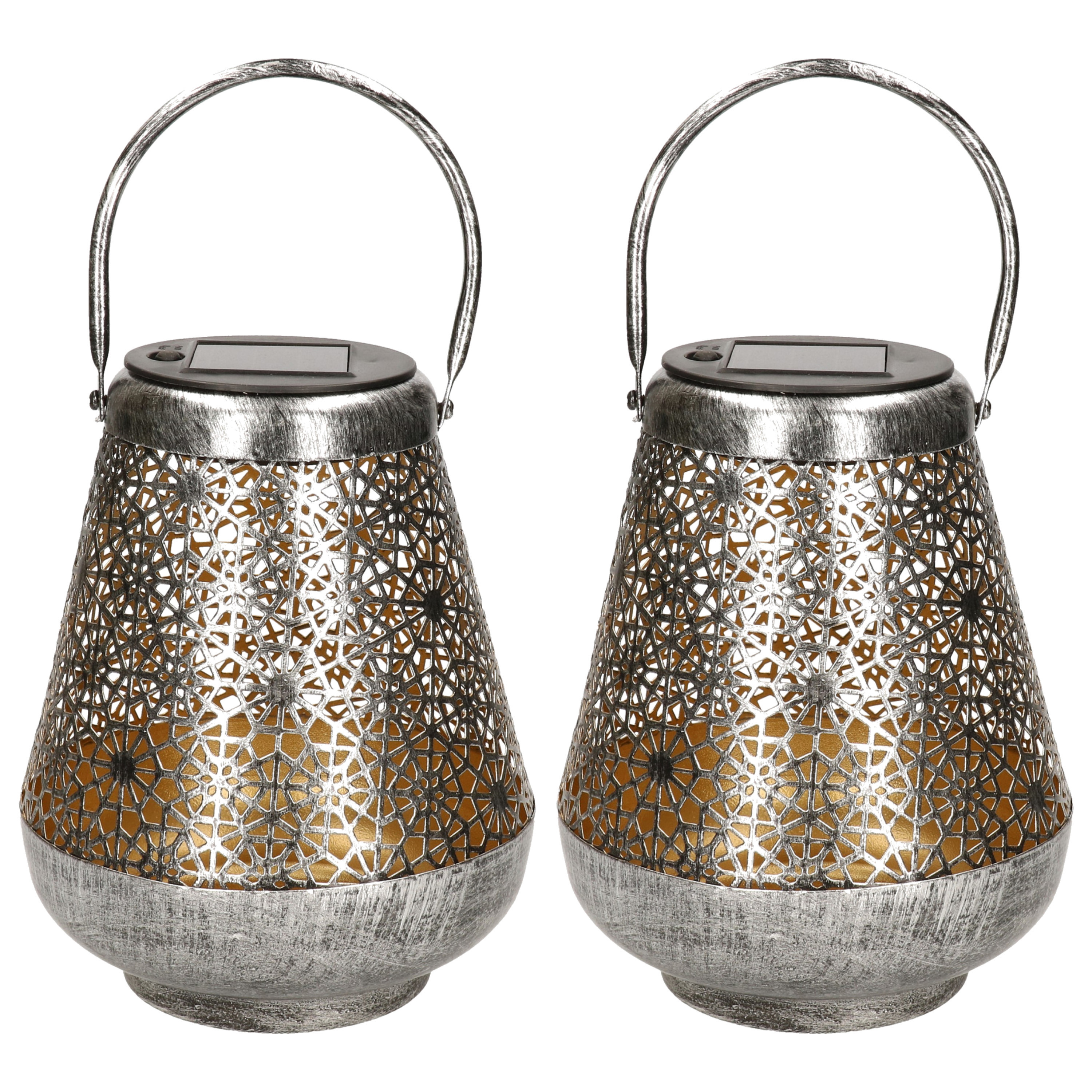 2x stuks solar lantaarn met bloemen patroon metaal antiek zilver 19 cm -