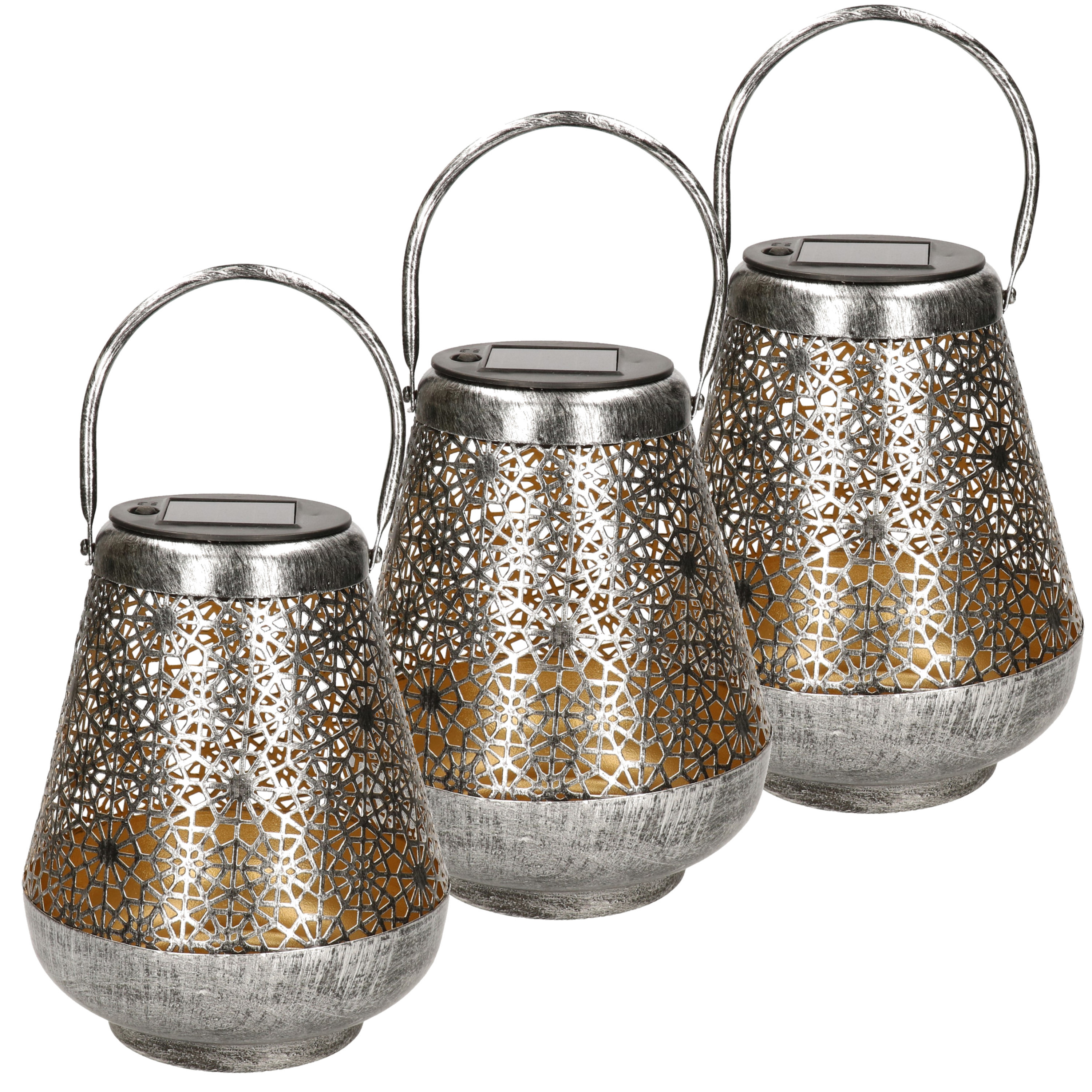 3x stuks solar lantaarn met bloemen patroon metaal antiek zilver 19 cm -