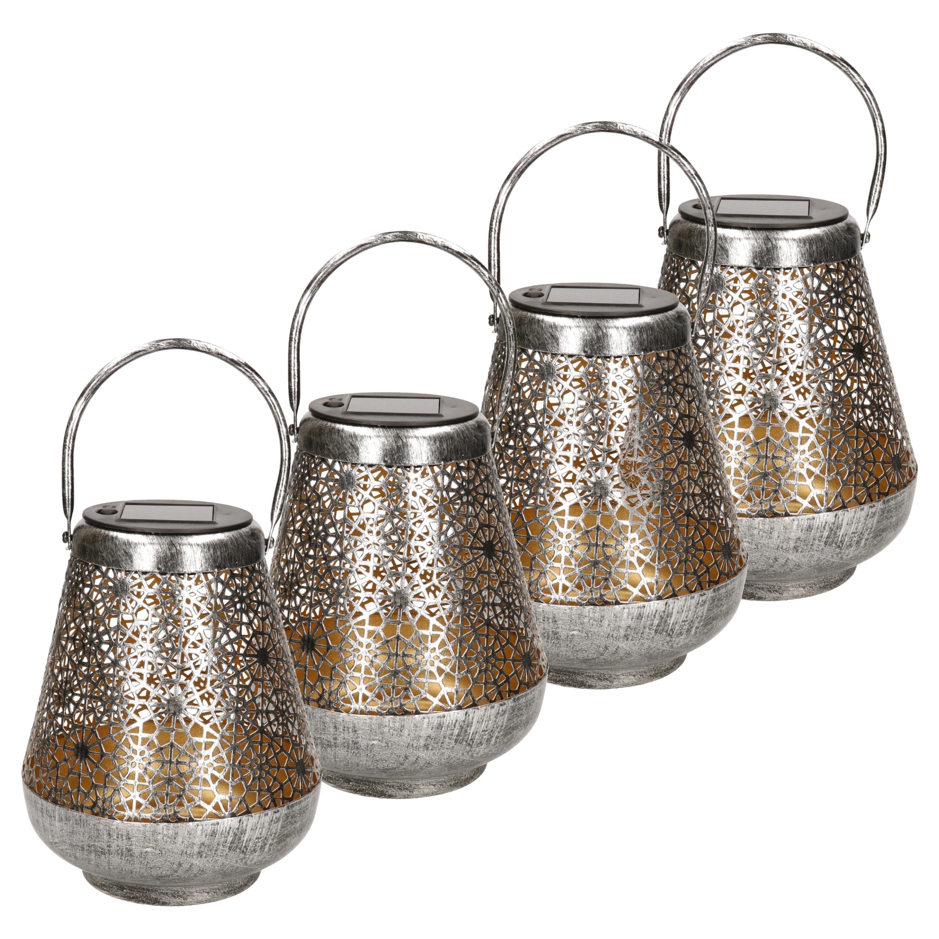 4x stuks solar lantaarn met bloemen patroon metaal antiek zilver 19 cm -