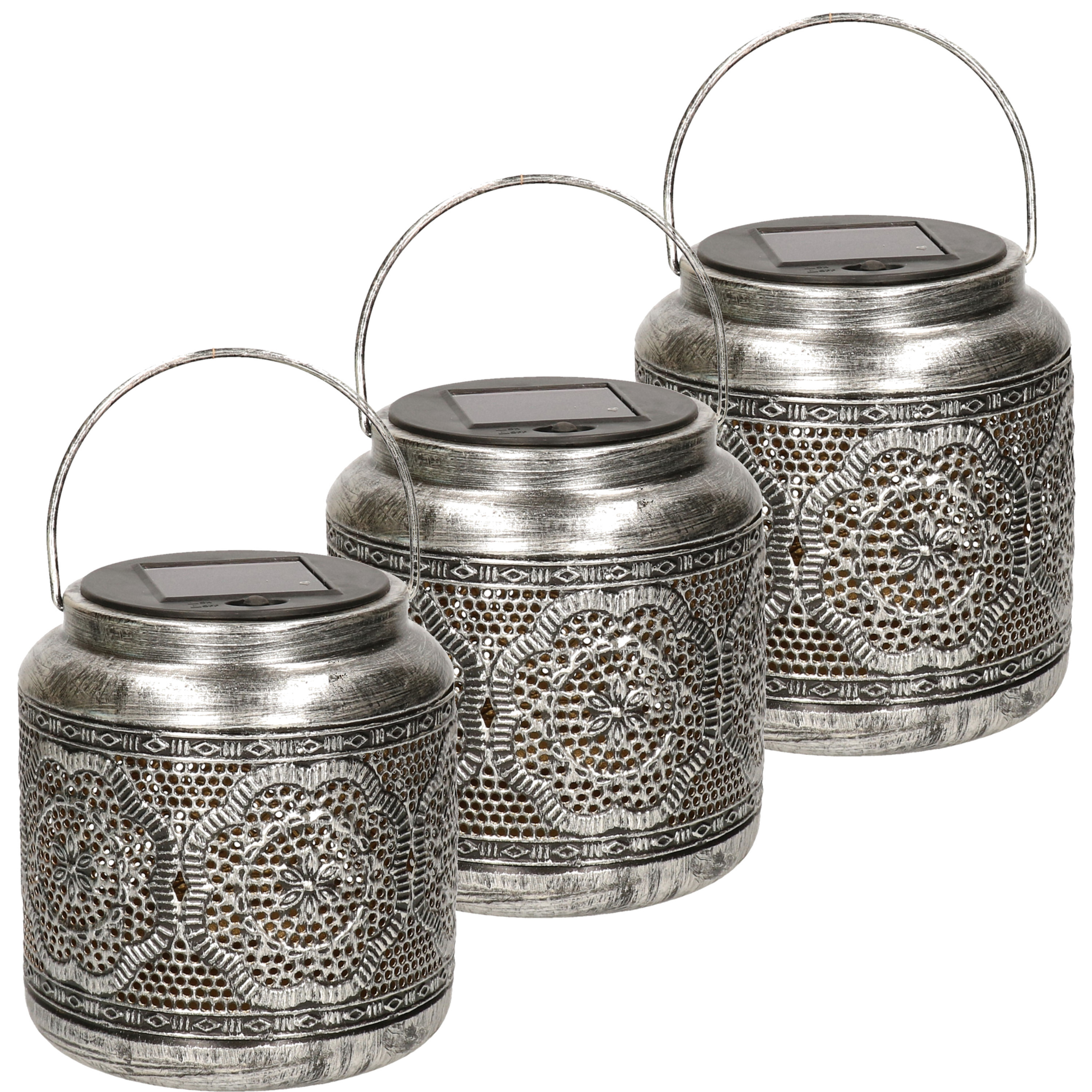 3x stuks solar lantaarn met patroon metaal antiek zilver 16 cm -