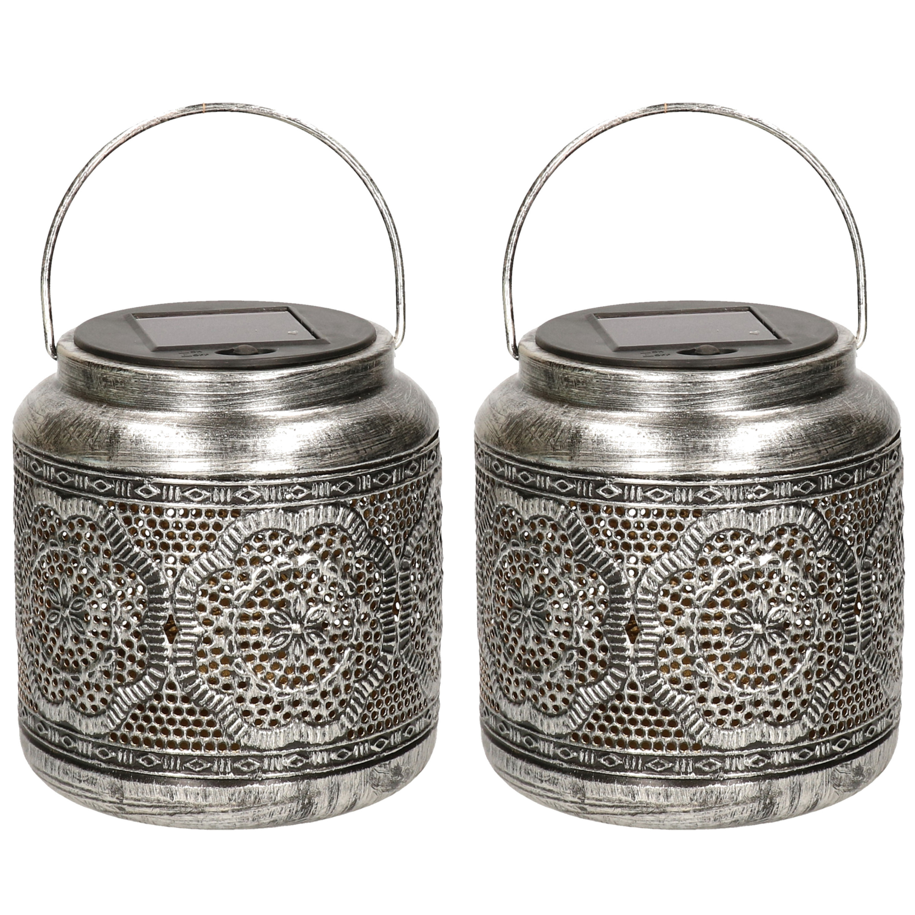 2x stuks solar lantaarn met bloemen patroon metaal antiek zilver 19 cm -